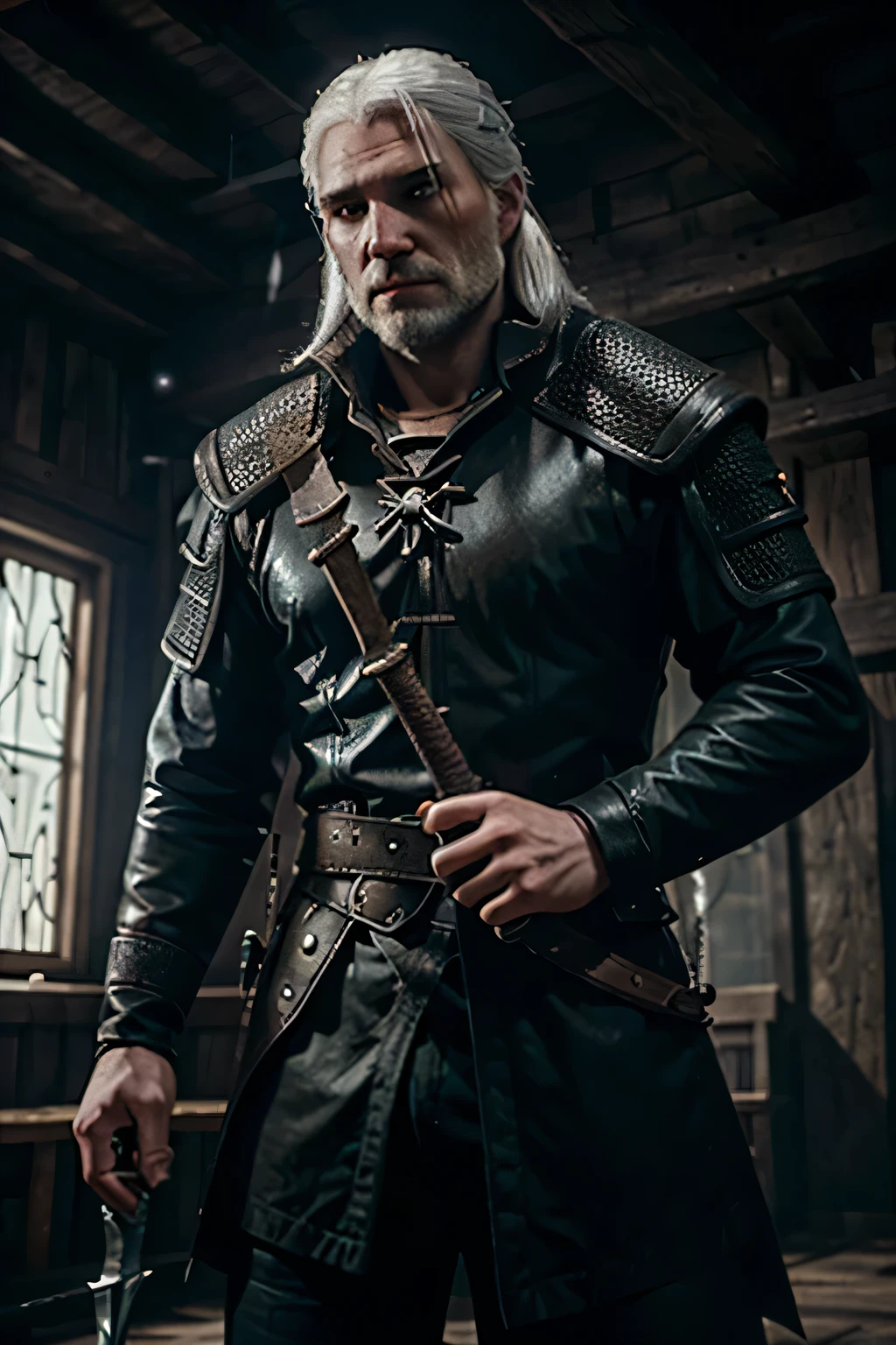 White hair,geralt of rivia,witcher 3 game design,He swings his sword against the monster
