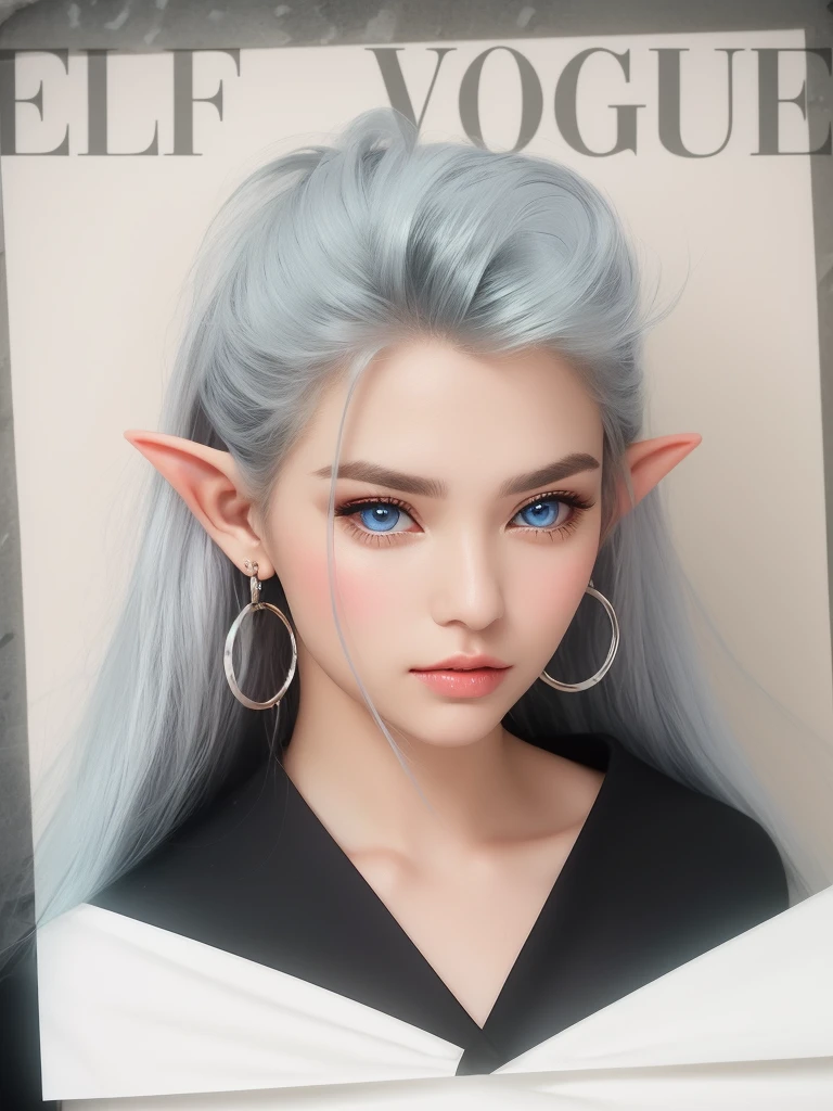 professional portrait photography, a very beautiful 18-year-old elf in modern clothes, an elf girl, looks directly at the viewer, black and white hair, tangled black hair on her head, expressive bright blue eyes, long black eyelashes, thin curved eyebrows, modern hoop earrings in one ear, clear skin texture, modern daytime makeup, full scarlet lips very beautifully shaped, chiseled oval face with slightly pointed chin, wind blowing hair, Canon EOS 6D Mark II Tamron SP 85mm f/1.8 Di VC USD, winner of the world portrait photography competition, photo published on ELF VOGUE, text "ELF VOGUE"