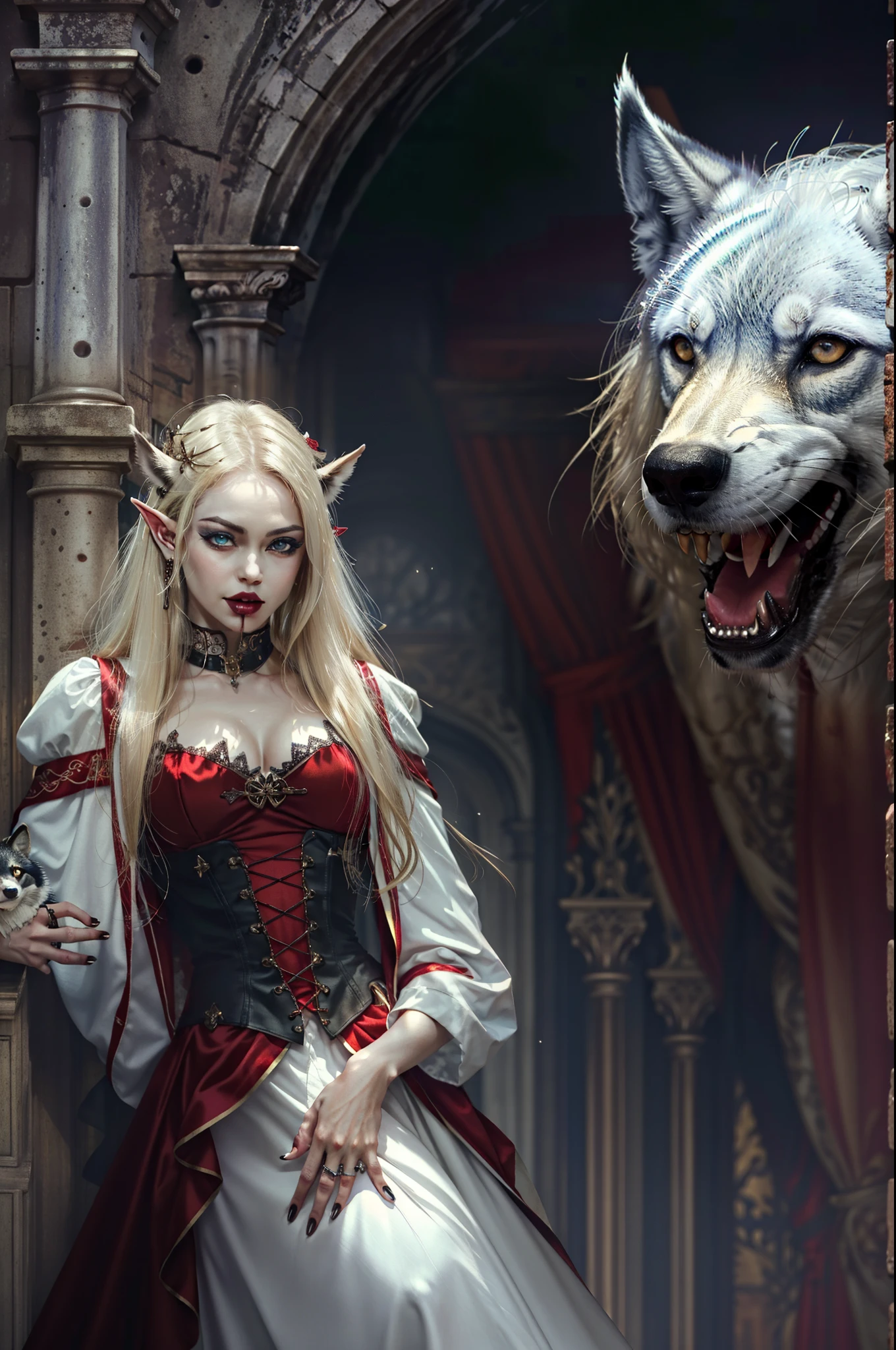 arafed a picture of elf vampire in her castle and her pet wolf, an exquisite beautiful female elf vampire (ultra details, Masterpiece, best quality), bloody mouth, blond hair, pale skin, hair in a ponytail, long hair, blue eyes, cold eyes, smirking, wearing white dress (ultra details, Masterpiece, best quality), red cloak, in dark fantasy library, with an big grey wolf  (ultra details, Masterpiece, best quality) book shelves, arafed high details, best quality, 8k, [ultra detailed], masterpiece, best quality, (ultra detailed), full body, ultra wide shot, photorealism, RAW, dark fantasy art, gothic art,