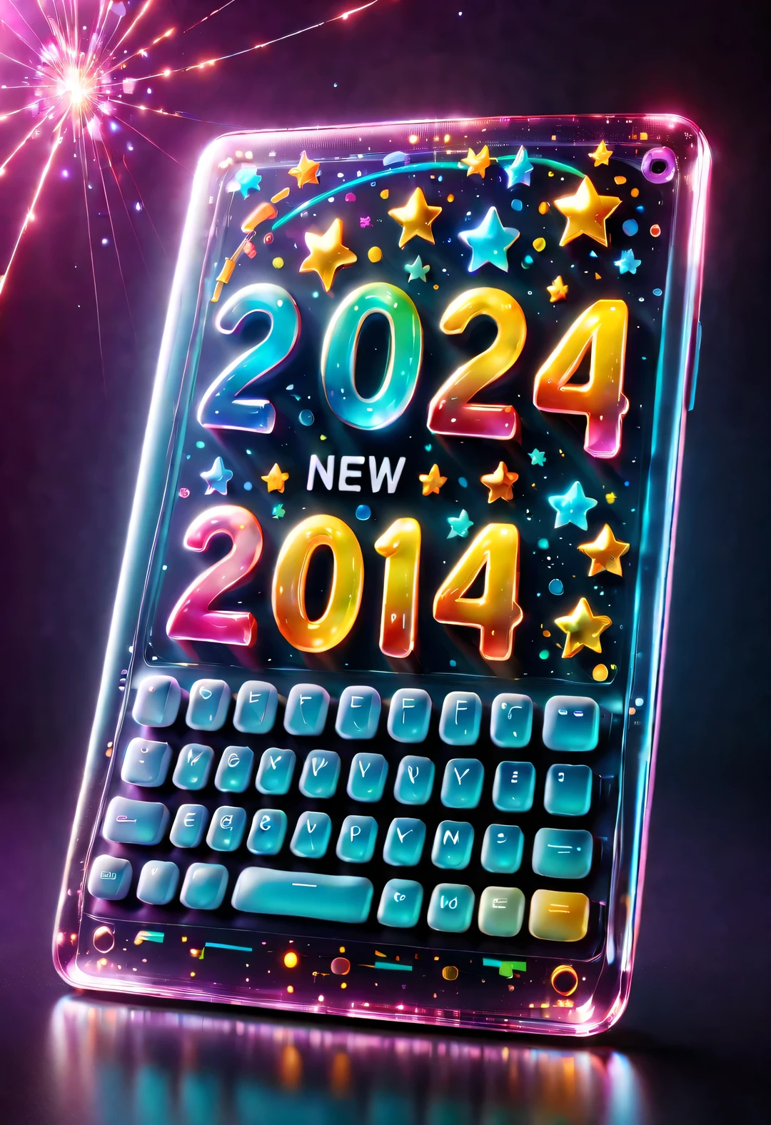 (New Year Wallpaper Design), (Cute cartoon colorful transparent computer screen "2024" and "Happy New Year" It says), Colorful transparent keyboard, (The internal structure of the chassis clear), cyberpunk style, background: New Year elements, Colored confetti,
ultra high definition, masterpiece, Accuracy, Ultra-detailed, high detail, high quality, Award-winning, best quality, Level, 16k,