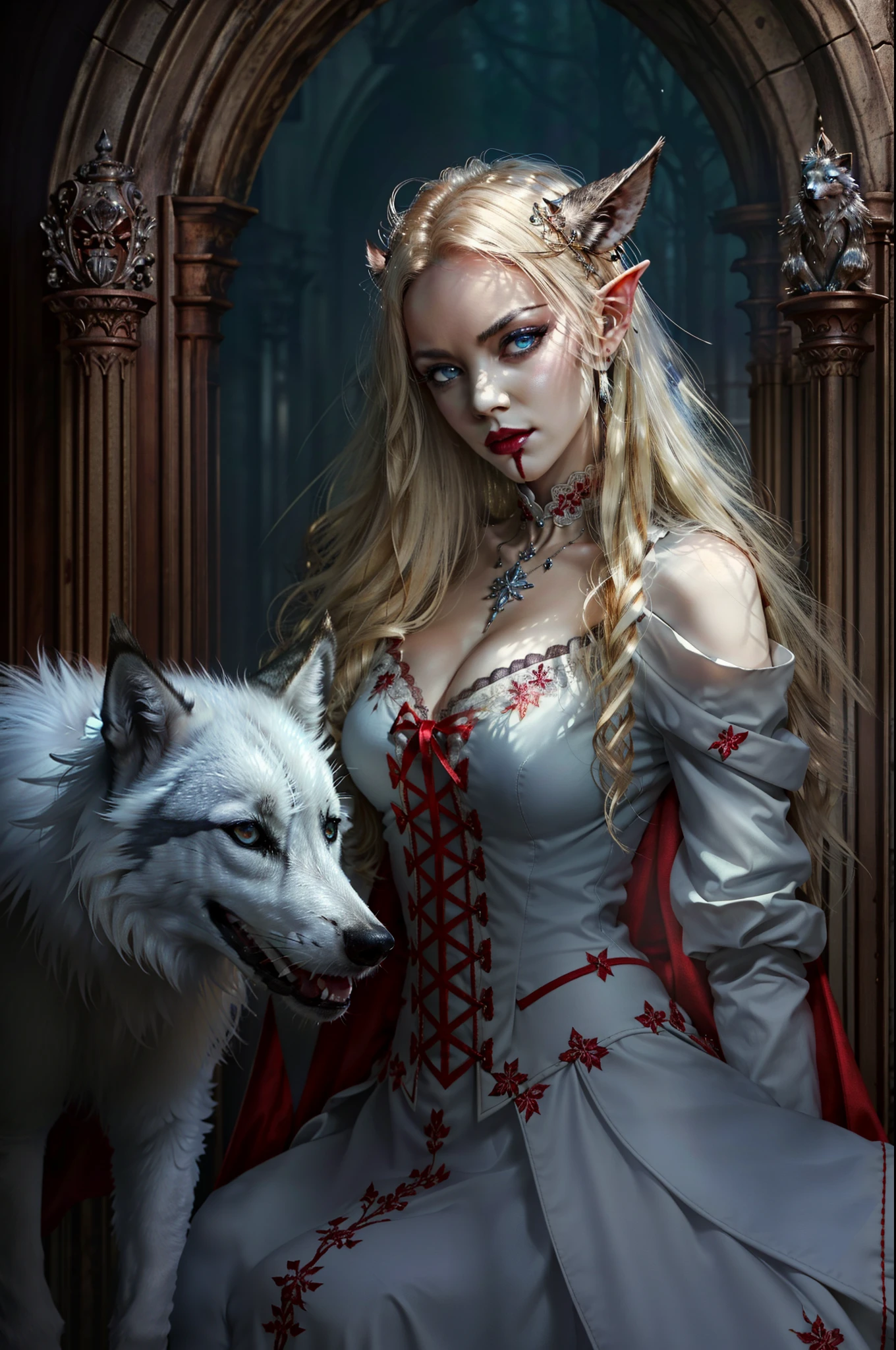 arafed a picture of elf vampire in her castle and her pet wolf, an exquisite beautiful female elf vampire (ultra details, Masterpiece, best quality), bloody mouth, blond hair, pale skin, hair in a ponytail, long hair, blue eyes, cold eyes, smirking, wearing white dress (ultra details, Masterpiece, best quality), red cloak, in dark fantasy library, with an big grey wolf  (ultra details, Masterpiece, best quality) book shelves, arafed high details, best quality, 8k, [ultra detailed], masterpiece, best quality, (ultra detailed), full body, ultra wide shot, photorealism, RAW, dark fantasy art, gothic art,