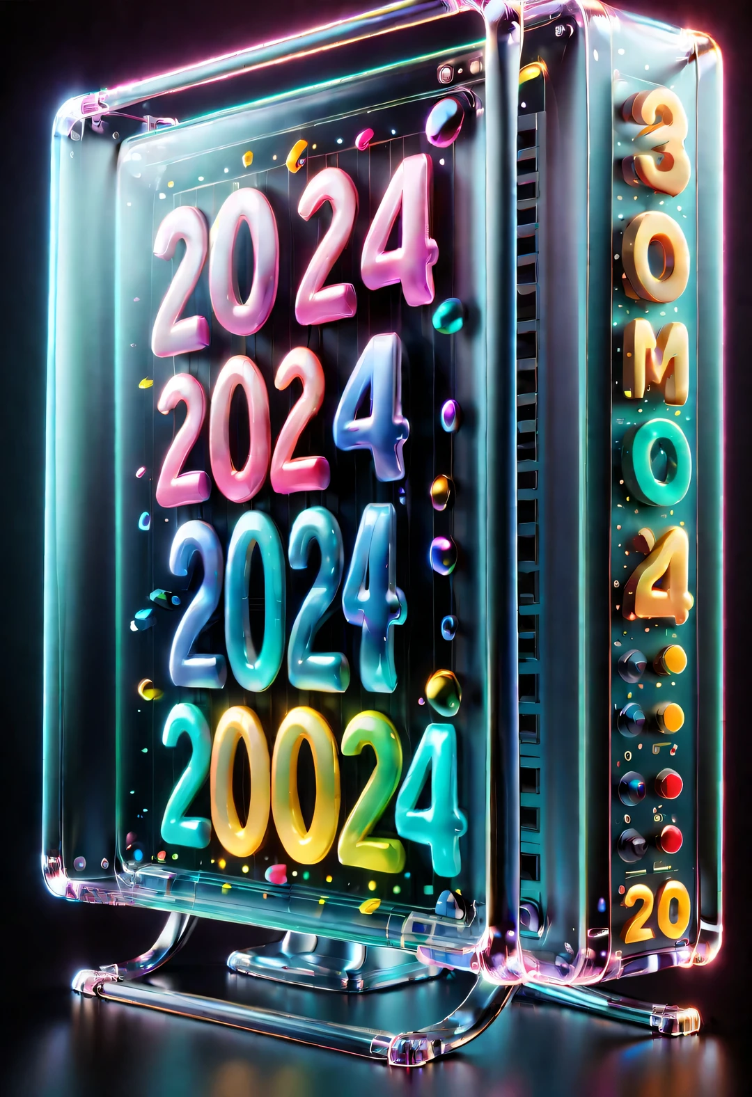 (New Year Wallpaper Design), (Cute cartoon colorful transparent computer screen "2024" and "Happy New Year" It says), Colorful transparent keyboard, (The internal structure of the chassis clear), cyberpunk style, background: New Year elements, Colored confetti,
ultra high definition, masterpiece, Accuracy, Ultra-detailed, high detail, high quality, Award-winning, best quality, Level, 16k,