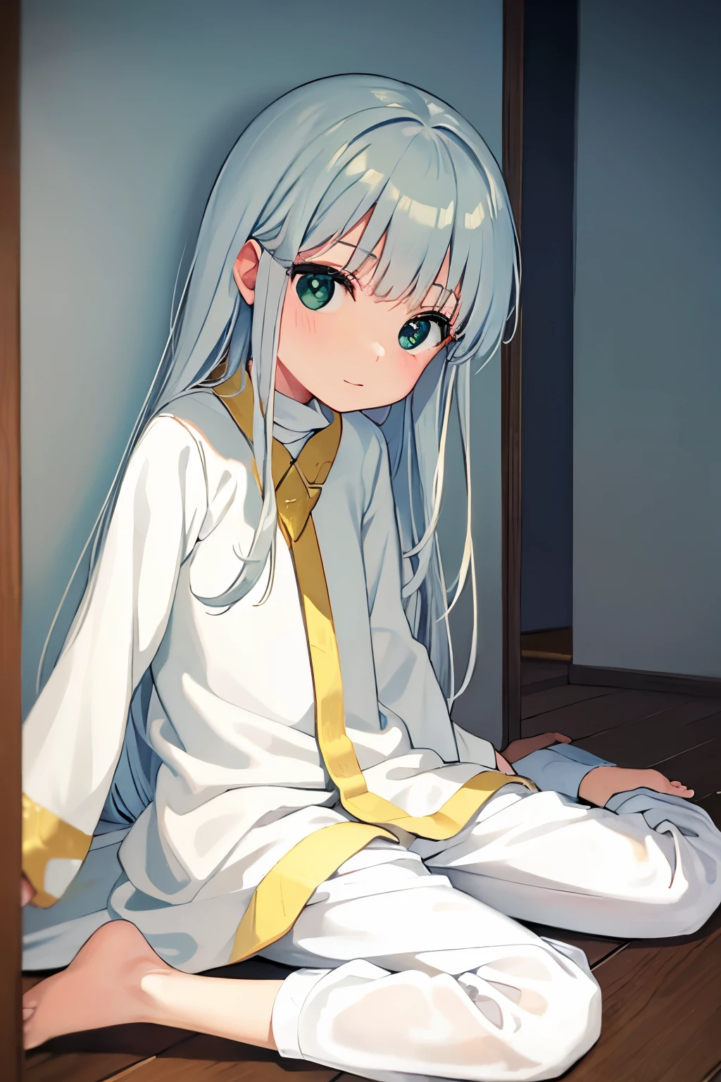 (Masterpiece, best quality: 1.3), Ultra Detail, ((Very tasty and beautiful)), (Fine Details Beautiful Face and Eyes: 1.2), 8k wallpaper, Movie lighting, Overexposure, (1 girl, solo exhibition), Long white hair, White pajamas, Lori, squatting on the ground