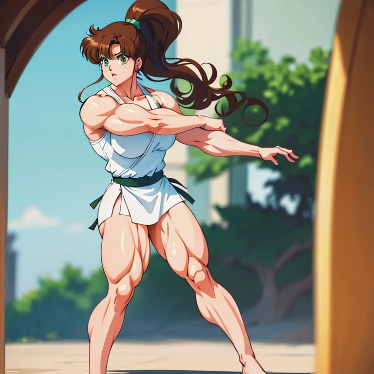 Makoto beim Karate, Makoto wears a karate GI barefoot, muscular physique, makoto macht Bodybuilding,Huge muscular biceps, breite, muscular shoulders, Bauchmuskeln, Abs, Her big muscles shred her karate GI, Full body image, Meisterwerk, Highest details, high resolution