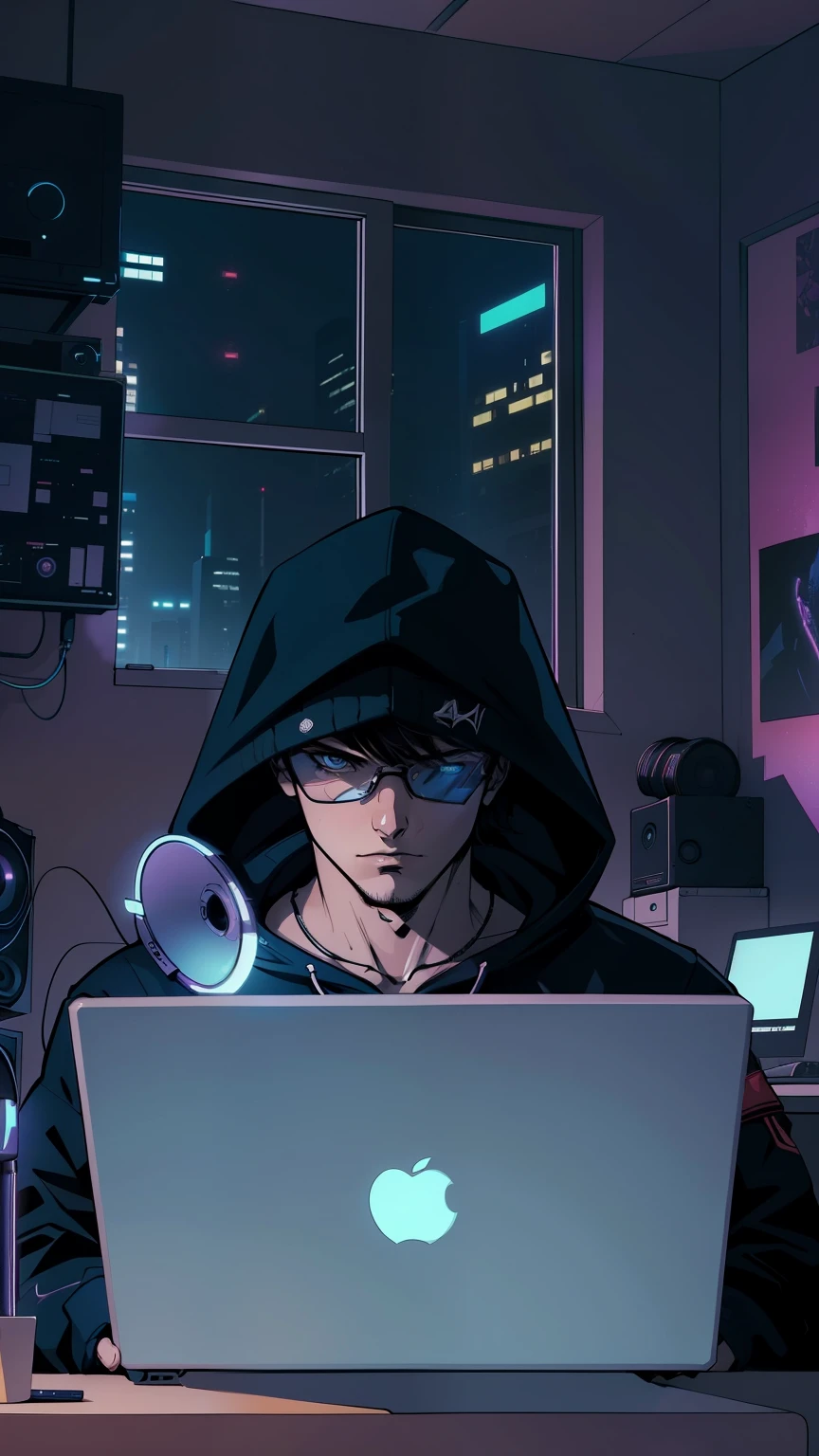A young man sitting in his room cyberpunk style room with a hero decoration, The boy sits in front of him with an open computer and mic, wear dark navy hoodie, hide his eyes, Le style artistique est dans le dessin