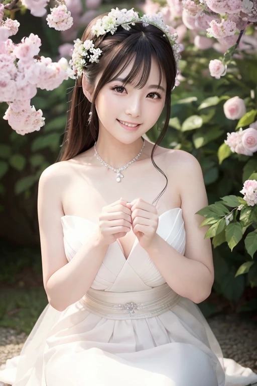 Japanese beauty、(best quality,It&#39;s photorealistic,High resolution),woman,beautiful detailed eyes,beautiful detailed lips,smiling,laughing,cute type,enjoy,Joyful smile,get excited,cozy atmosphere,,magic moment,sparkling,Wedding dress,,love and laughter、looking at the camera、Delicate system、marriage、marriage式、happy look