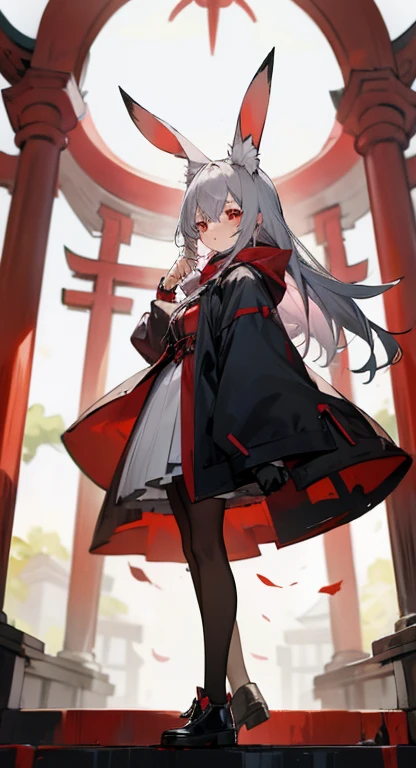 anime, girl, gray hair, rabbit ears, Red Witch Costume, shrine, red eyes