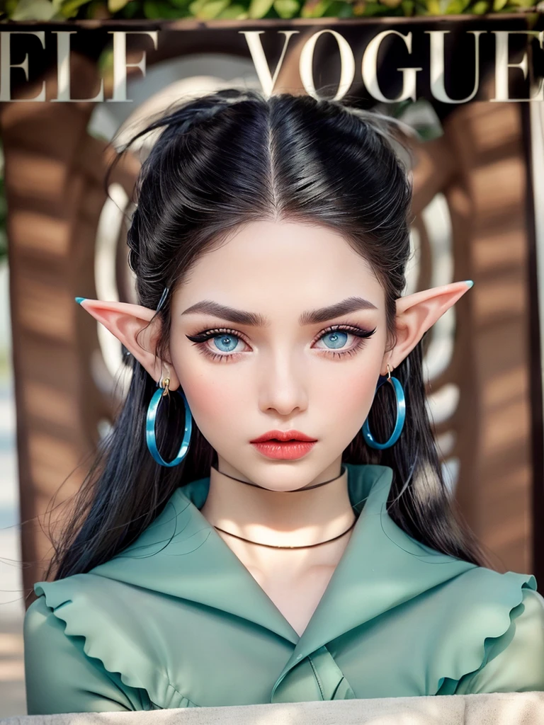 professional portrait photography, a very beautiful 18-year-old elf in modern clothes, an elf girl, looks directly at the viewer, black and white hair, tangled black hair on her head, expressive bright blue eyes, long black eyelashes, thin curved eyebrows, modern hoop earrings in one ear, clear skin texture, modern daytime makeup, full scarlet lips very beautifully shaped, chiseled oval face with slightly pointed chin, wind blowing hair, Canon EOS 6D Mark II Tamron SP 85mm f/1.8 Di VC USD, winner of the world portrait photography competition, photo published on 35AWARDS