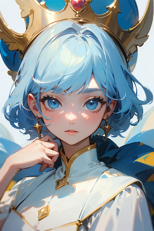 ((highest quality)), ((masterpiece)), (be familiar with), perfect face、White dress、
Queen、light blue hair