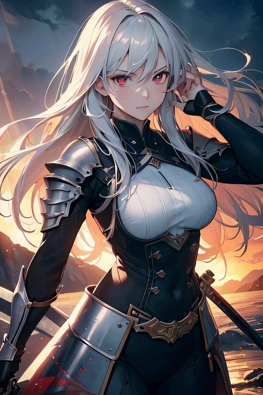 "(highest quality,High resolution,masterpiece:1.2),super detailed,(realistic,photorealistic,photo-realistic:1.37),portrait,Medieval,1 girl,red eyes,beautiful long straight white hair,fantasy,Swordsman,knight,knife,battle scene,heroic,action packed,adventure,courage,Light armor,strong,With confidence,attack,motion blur,dynamic composition,dramatic lighting,dangerous,explosive impact,Bright colors,stormy sky"