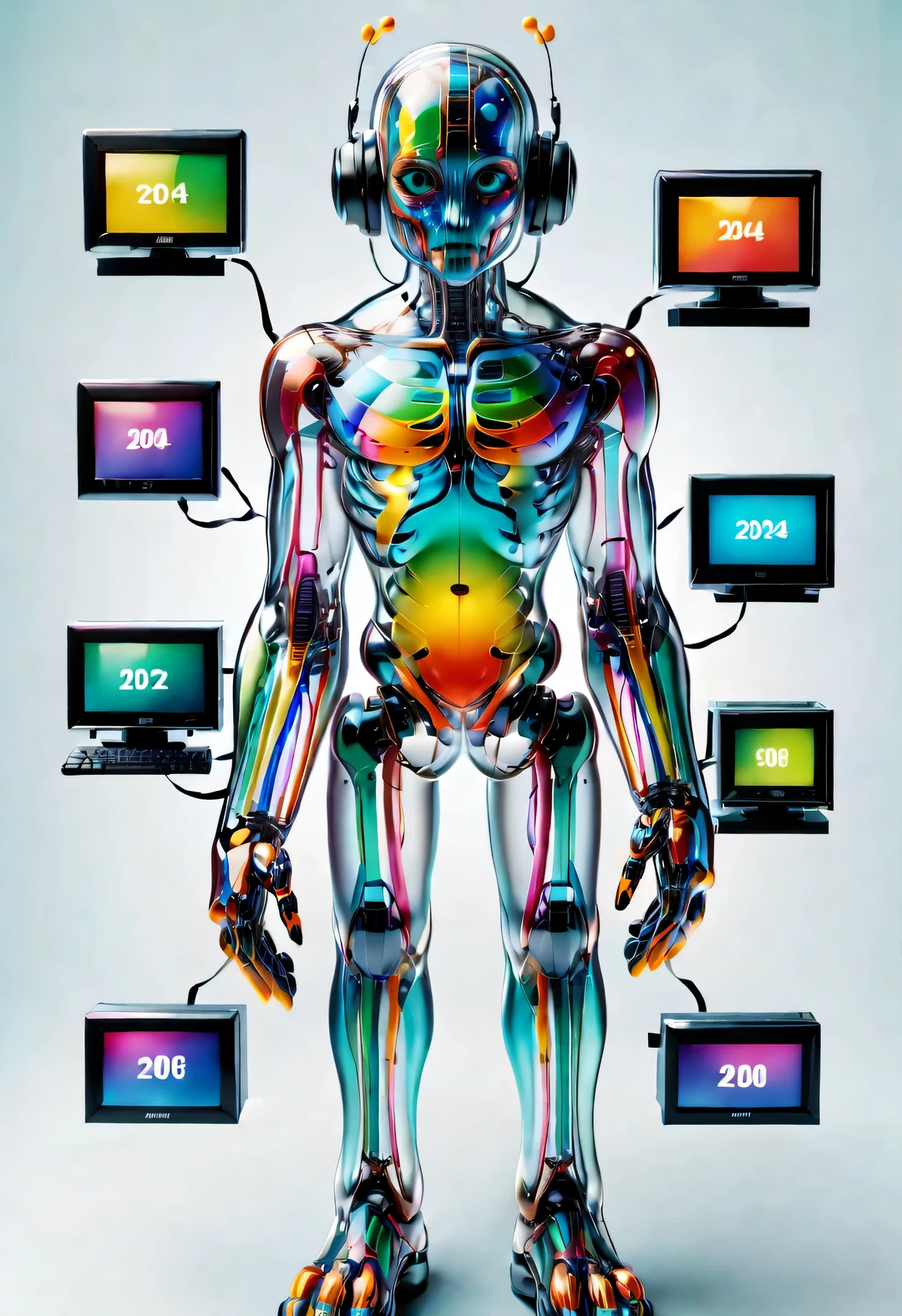 (New Year Wallpaper Design), (Cute anthropomorphic cartoon,written five colors transparent computer screen "2024" and "Happy New Year"), Colorful transparent keyboard, background: New Year elements, Colored confetti, (The internal structure of the chassis clear), cyberpunk style,
ultra high definition, masterpiece, Accuracy, Ultra-detailed, high detail, high quality, Award-winning, best quality, Level, 16k,