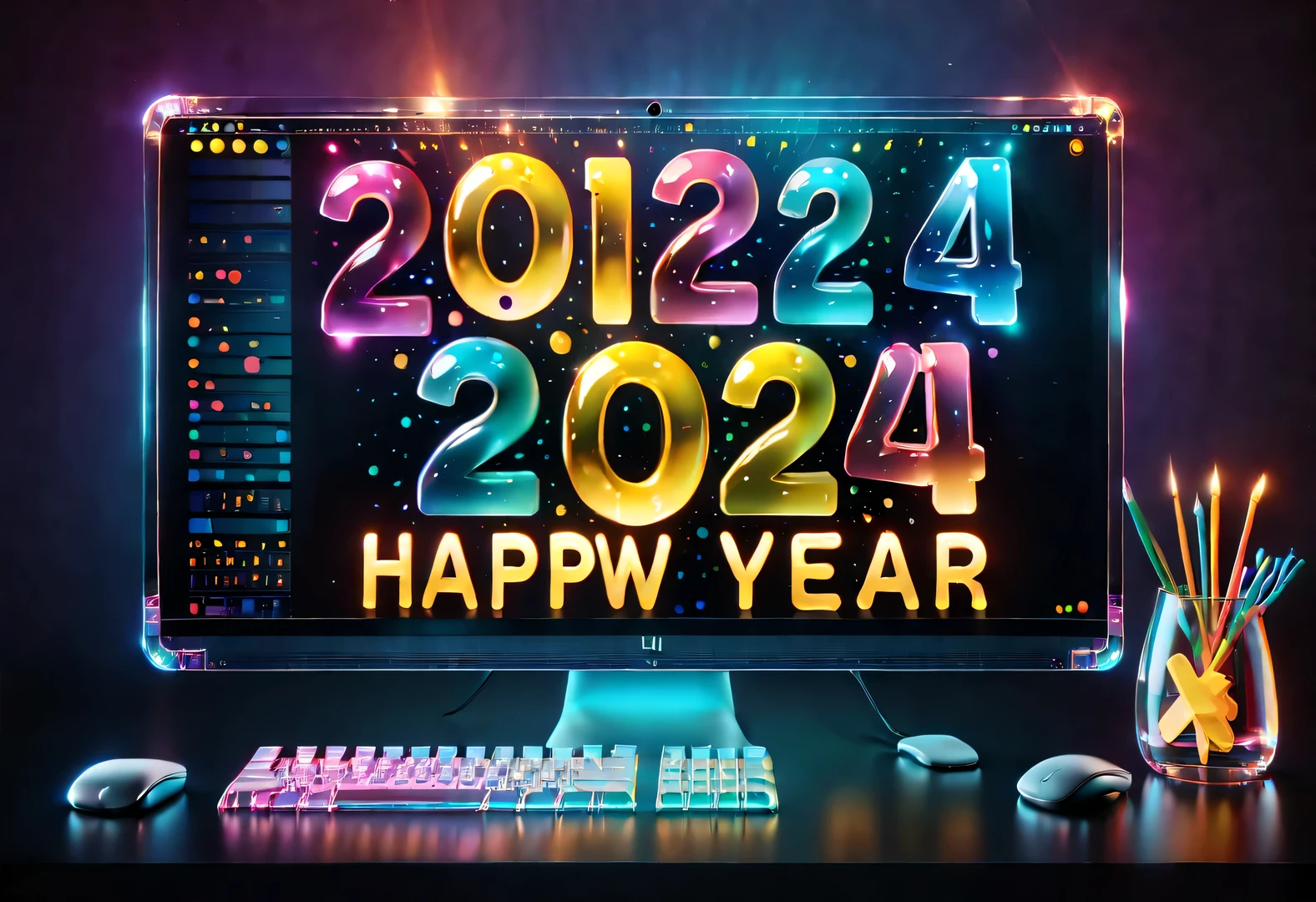 (New Year Wallpaper Design), (Cute cartoon five-color transparent computer screen "2024" and "Happy New Year" It says), Colorful transparent keyboard, (The internal structure of the chassis  clear), cyberpunk style, background: New Year elements, Colored confetti,
ultra high definition, masterpiece, Accuracy, Ultra-detailed, high detail, high quality, Award-winning, best quality, Level, 16k,