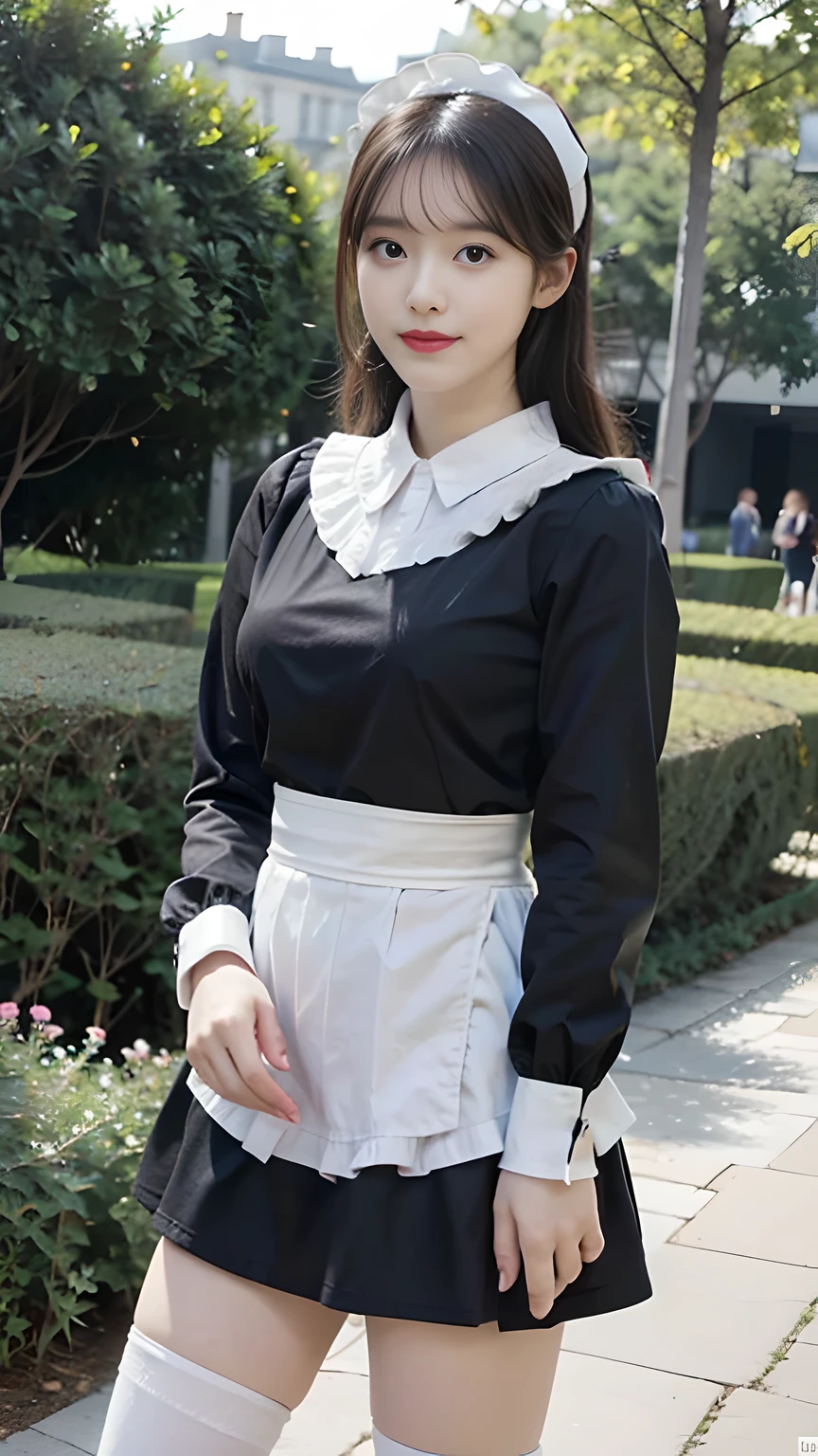 (1 Korean star with royal sister style), ((best quality, 8k, masterpiece: 1.3)), focus: 1.2, perfect body beauty: 1.4 , (smile), (Street: 1.3), highly detailed face and skin texture, fine eyes, double eyelids, whitened skin, (maid hairstyle: 1.3), (round face: 1.5), (maid outfit: 1.4),