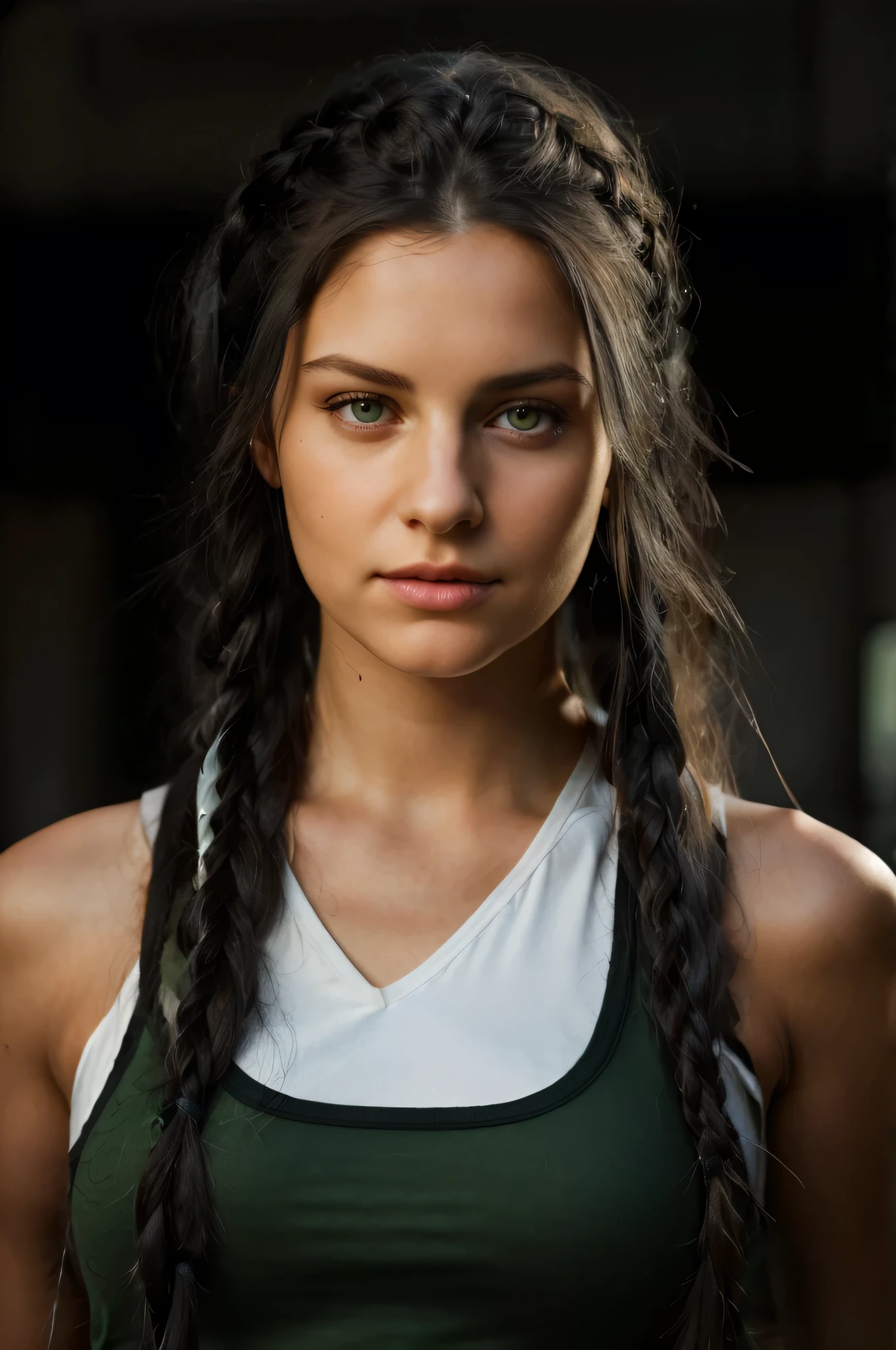 arafed woman with long black hair and green top posing for a picture, girl with plaits, soft portrait shot 8 k, woman with braided brown hair, portrait of a beautiful model, attractive female face, beautiful young woman, beautiful female model, photo of a beautiful woman, realistic face moody lighting, cinematic headshot portrait,  with green eyes