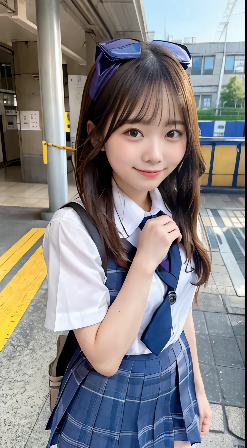 (masterpiece, best quality),
smile, One schoolgirl looking at us in her school uniform on a station platform in the morning