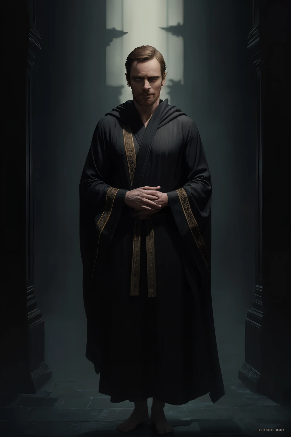 ((Michael Fassbender)), Homem com capa encapuzada no topo de uma montanha, vestido com um manto preto, wearing a flowing robe, vestindo um manto preto, Yuri Shwedoff e Tom Bagshaw, um manto preto, Capa preta, elegant cinematic fantasy art, dark cinematic concept art, Arte de fantasia 4k, Capa escura, Arte de fantasia 8k, Camuflada