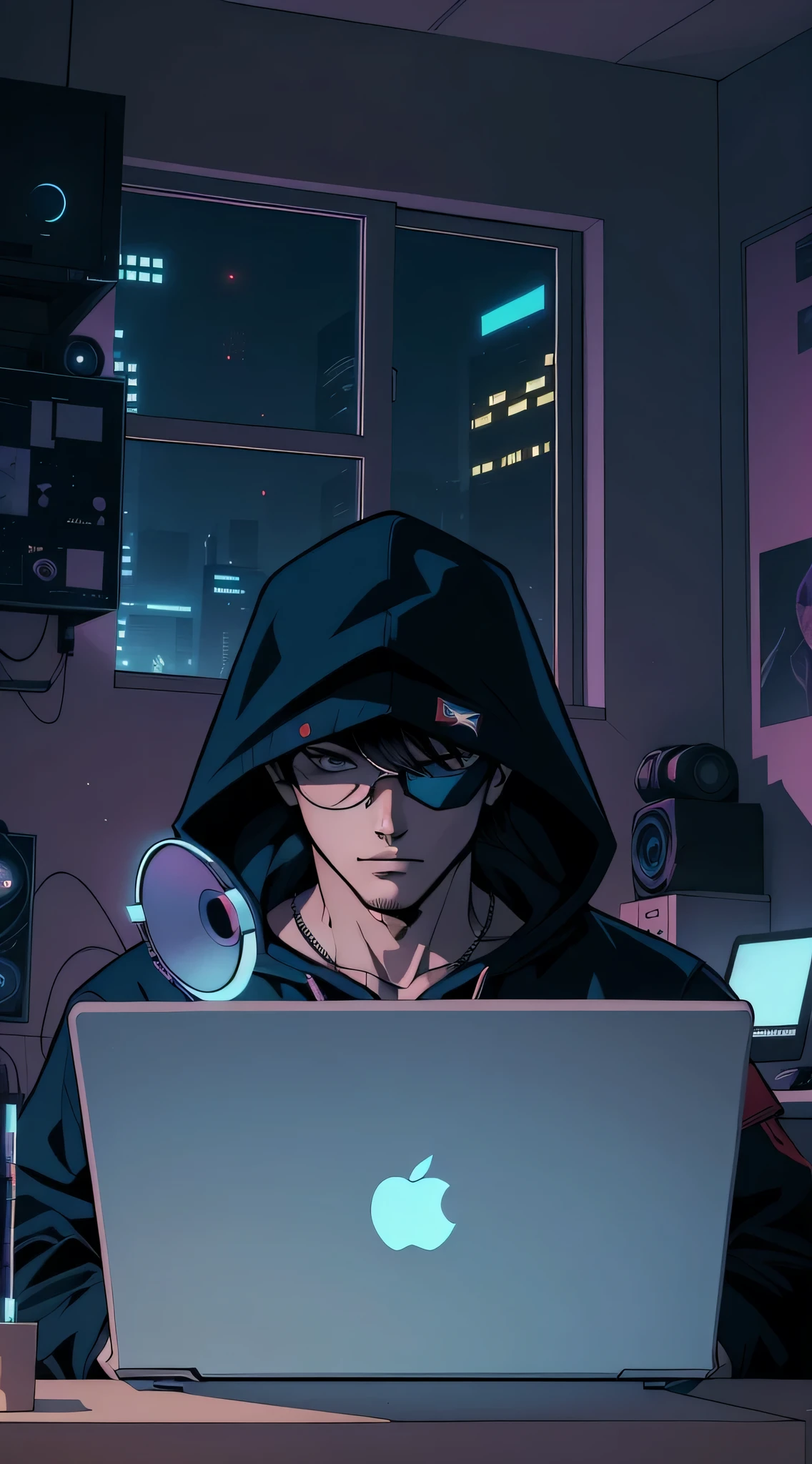 A young man sitting in his room cyberpunk style room with a hero decoration, The boy sits in front of him with an open computer and mic, wear red hoodie, add crypto logo, hide his eyes, Le style artistique est dans le dessin