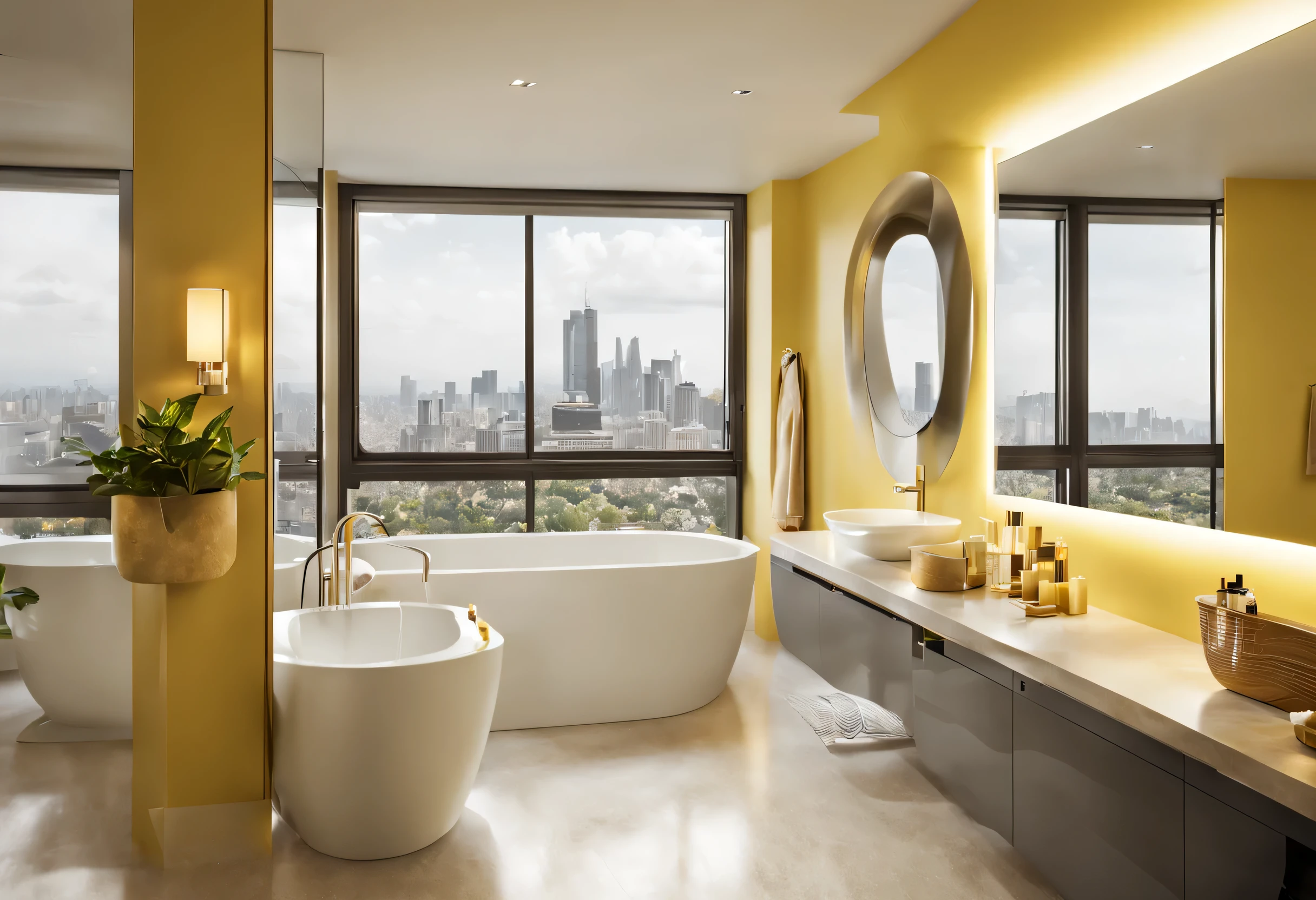Need images of bathroom scene,Bathroom with glass window,beautiful city view,Bathroom needs Moen brand bathtub,loo,Moen brand sink,Minimalist towel scene,Main color,natural color , yellow light pendant lamp, cosmetic shelf and makeup mirror