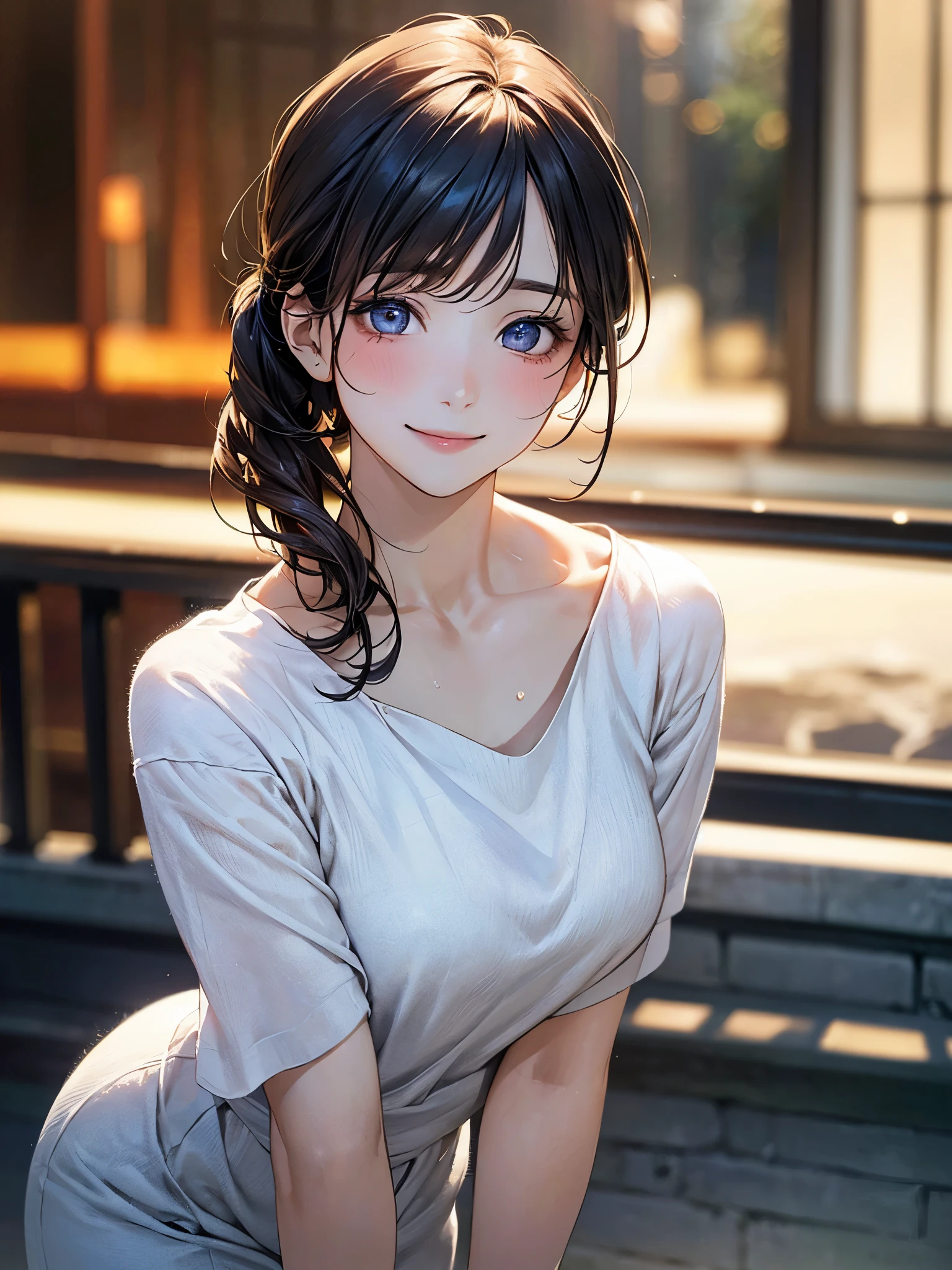 (masterpiece:1.2, top-quality), (realistic, photorealistic:1.4), beautiful illustration, (natural side lighting, movie lighting), 
looking at viewer, cowboy shot, front view, close-up:1.5, 1 girl, solo, japanese, perfect face, cute and symmetrical face, shiny skin, 
(random hairstyles), asymmetrical bangs, random eyes,(large breasts:0.9), 
beautiful hair, beautiful face, beautiful detailed eyes, beautiful clavicle, beautiful body, beautiful chest, beautiful thigh, beautiful legs, beautiful fingers, 
((random fashion)), 
(beautiful scenery), evening, outside, ((random actions)), (smile, moist eyes, gentle eyes), 