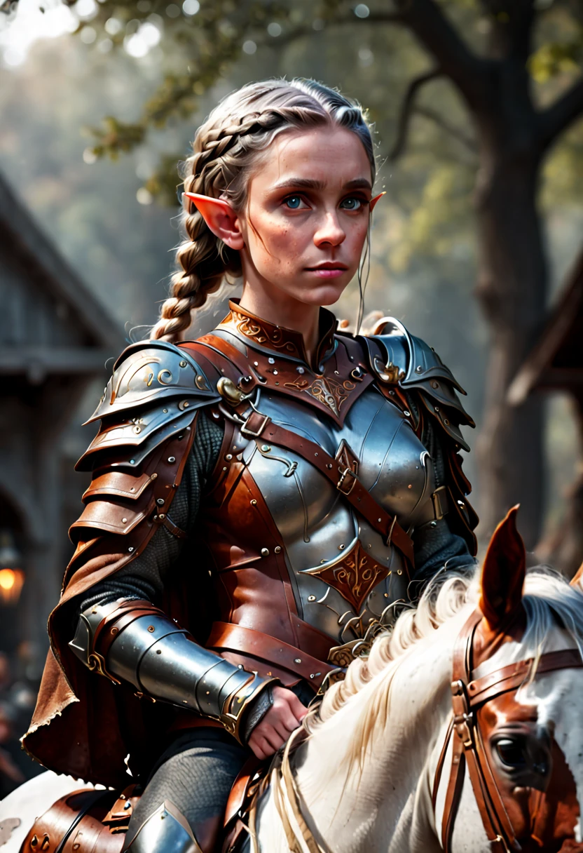 a Beautiful (Elf:1.4), elf ear, blockbuster movie poster, portrait photo, (wild braided hair), wearing a cape coat, (a used leather with metal armor combination with some rust on it), (armor ornaments and decorations), (riding on a dapple gray horse), (high detailed fair skin), background light bokeh, UHD, award-winning photo, film grain, daylight lighting, insane quality, intricate details, sharp focus, detailed eyes, RAW photo, Romance, Cinematic lighting, octane render, (best quality, masterpiece, Representative work, official art, Professional, 8k:1.3)