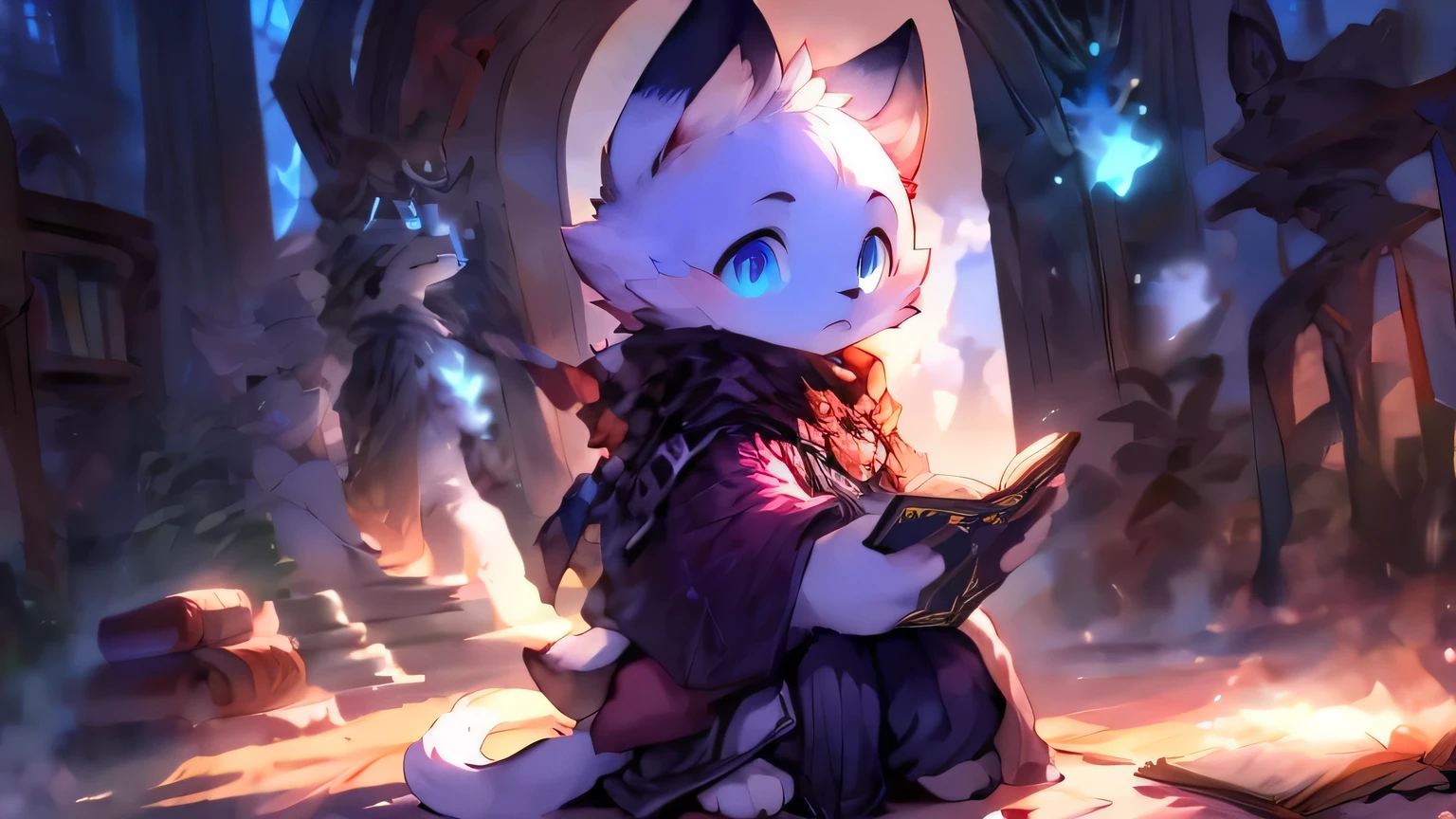 top quality, best quality, High quality illustrations, masterpiece, ultra high resolution, Detailed background, Detailed background,In the magic library,Glowing magic circle on the ground,(1 Beast Boy),,alone,permanent,watercolor medium ,role conception, Cat,white fur,white face,Detailed blue eyes:1.3,white body,White arms,white hand,4个white hand指,whitelegwear,white feet,4 toes turn white,white Cat tail,Height 100 cm,Black cloak hood,Take the magic book,ridiculous(Very detailed beautiful face and eyes)perfect anatomy, Express, good lighting, movie shadows(cannon, furry human),