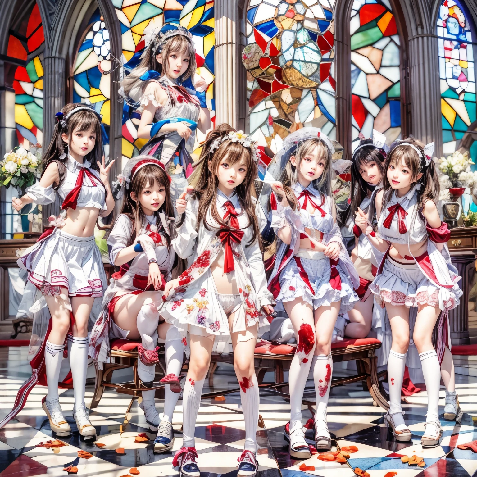 (sfw, White and Red, Acutance:0.8), Masterpiece, ((realistic and ((photorealistic:1.37)) with touch of rawness)). A group of KAWAII girls in opened school uniform without bra . (extremely detailed KAWAII face variations, joyful expression variations), { Navel | pretty Ass | Overflowing underboob | (White panties) with blood only in crotch area | (full of Flowers covering girl's body) | (Dazzling colorful stained glass with delicate details:1.2) } . (Exposed:1.2), ((nipple:-0.9)), (not Detailed fingers:-0.9) .