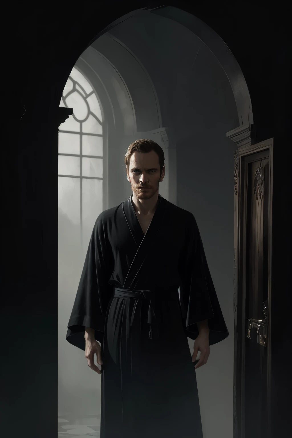 ((Michael Fassbender)), Homem com capa encapuzada no topo de uma montanha, vestido com um manto preto, wearing a flowing robe, vestindo um manto preto, Yuri Shwedoff e Tom Bagshaw, um manto preto, Capa preta, elegant cinematic fantasy art, dark cinematic concept art, Arte de fantasia 4k, Capa escura, Arte de fantasia 8k, Camuflada