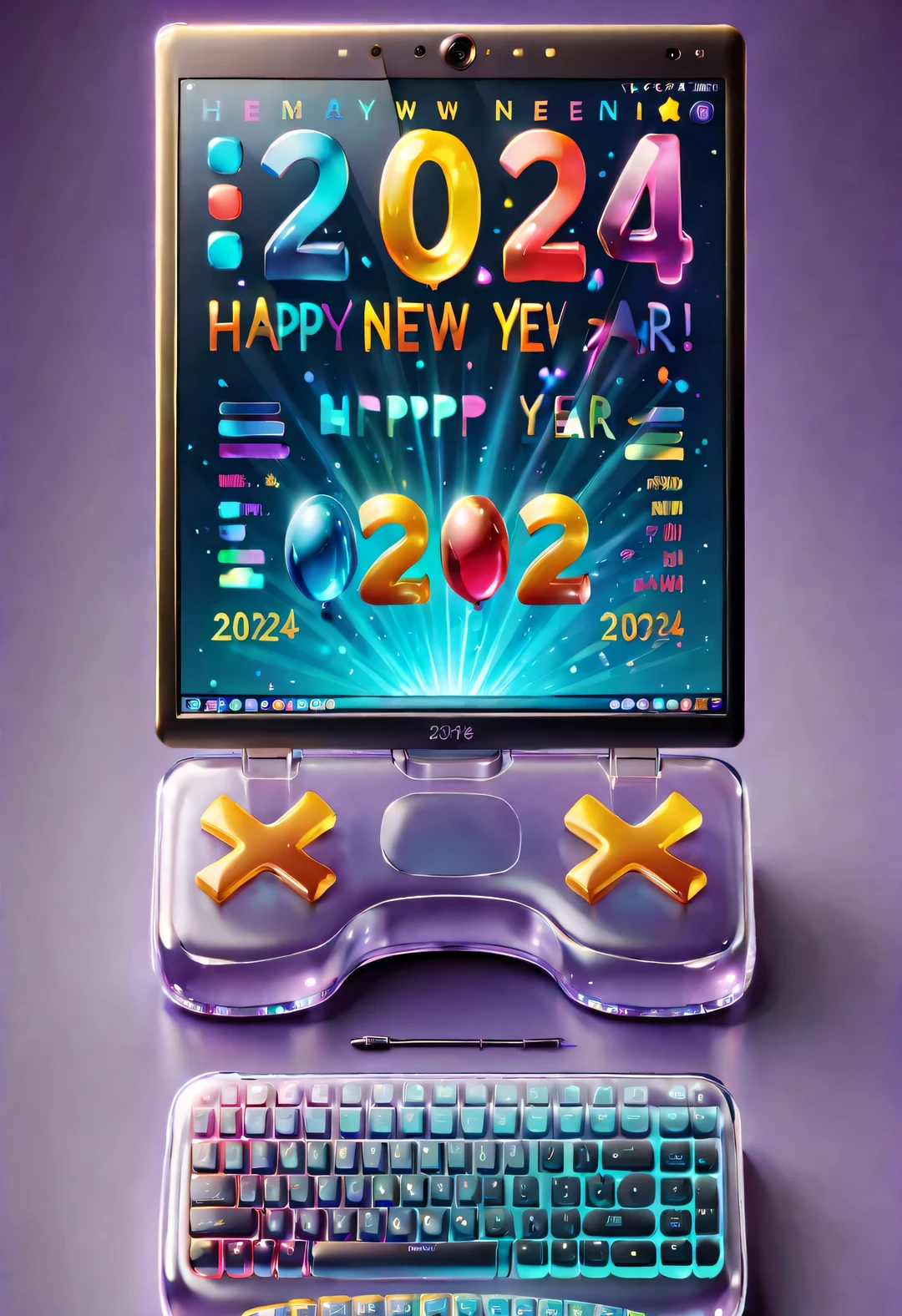 (New Year Wallpaper Design), (Cute cartoon drawings,There are five colored transparent computer screens "2024" and "Happy New Year"), Colorful transparent keyboard, background: New Year elements, Colored confetti, (The internal structure of the chassis clear), cyberpunk style,
ultra high definition, masterpiece, Accuracy, Ultra-detailed, high detail, high quality, Award-winning, best quality, Level, 16k,