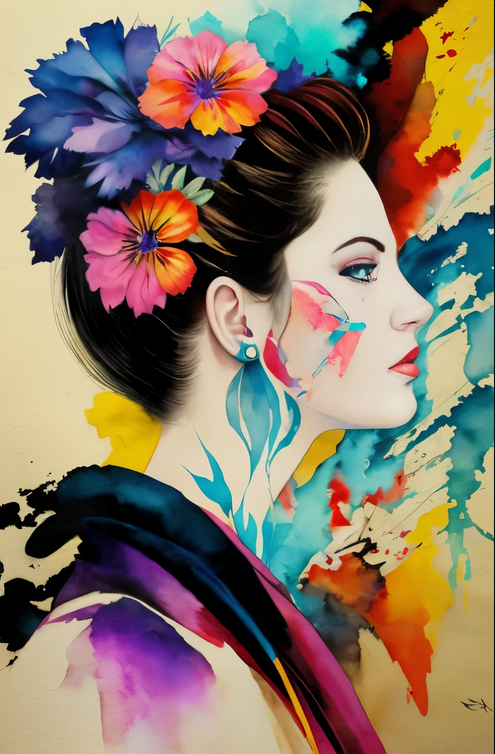 painting of a woman with a black and white face, Sylvia Pelissero watercolors, tumbler, abstract art, Intense watercolor painting, watercolor detailed art, Watercolor Splash, surreal, Avant-garde pop art, Beautiful and expressive paintings, Beautiful artwork illustration, very colorful tones, wonderful, cool beauty, highest quality,official art, women only, sharp outline, best shot, vector art, Written by Sandra Chevrier, Dave McKean、by Richard Avedon、Written by Makiezi Kusiala