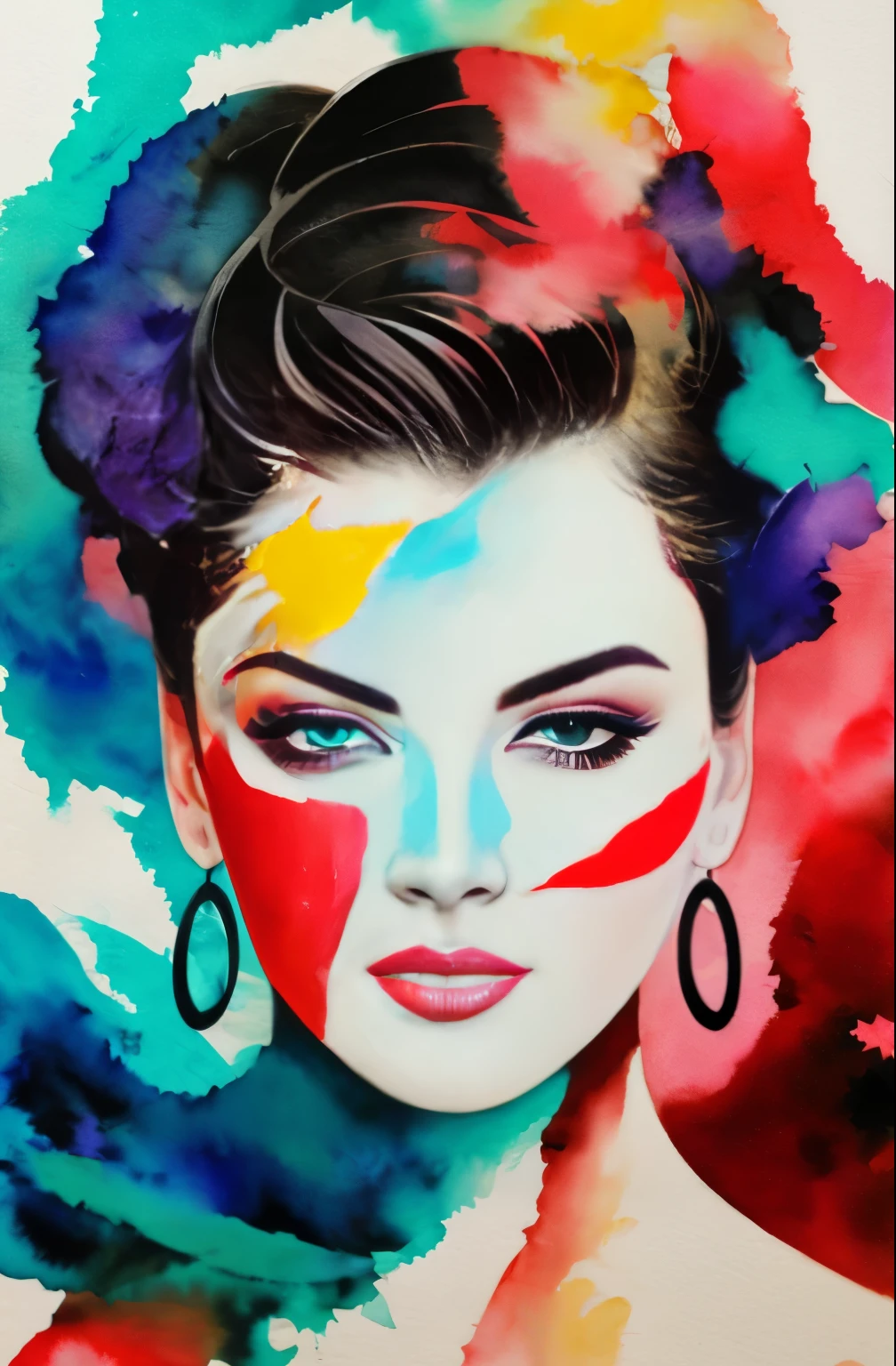 painting of a woman with a black and white face, Sylvia Pelissero watercolors, tumbler, abstract art, Intense watercolor painting, watercolor detailed art, Watercolor Splash, surreal, Avant-garde pop art, Beautiful and expressive paintings, Beautiful artwork illustration, very colorful tones, wonderful, cool beauty, highest quality,official art, women only, sharp outline, best shot, vector art, Written by Sandra Chevrier, Dave McKean、by Richard Avedon、Written by Makiezi Kusiala