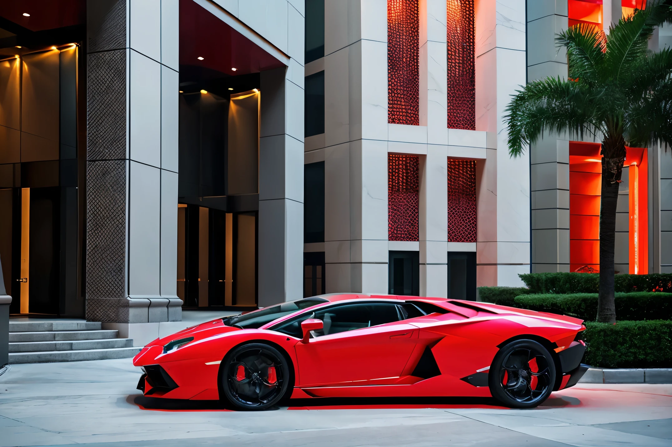 red lamborghini aventador　　Precise and high quality　Realistic three-dimensional feel　beautiful background　Parked on the road in front of the marble entrance of a luxury condominium.　beautiful lighting　beautiful street　stylish apartment　(shot from the side:1.3) beautiful night lights