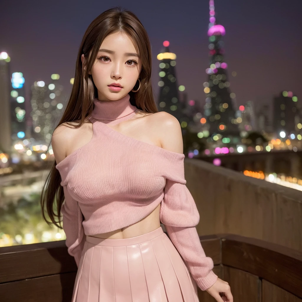 ((highest quality)), ((masterpiece)), (be familiar with), perfect face、(((middle hair))))、((((brown hair))))、highest quality、8K、HDR、High resolution、background blur、photograph、(RAWphotograph:1.2)、(realism:1.2)、(intricate details:1.2)、1 girl、solo、japanese girl、beautiful girl、((((medium breasts)))、Perfect for your skin、((long eyes、detailed pupil、Clearly double eyelids))、(slim body、upturned bust)、(pink high neck knit、pink leather skirt、off shoulder)、Tokyo cityscape、colorful lights、((night))、hair fluttering、Translucency、sexy、(beholder)、from the front、tight line of sight