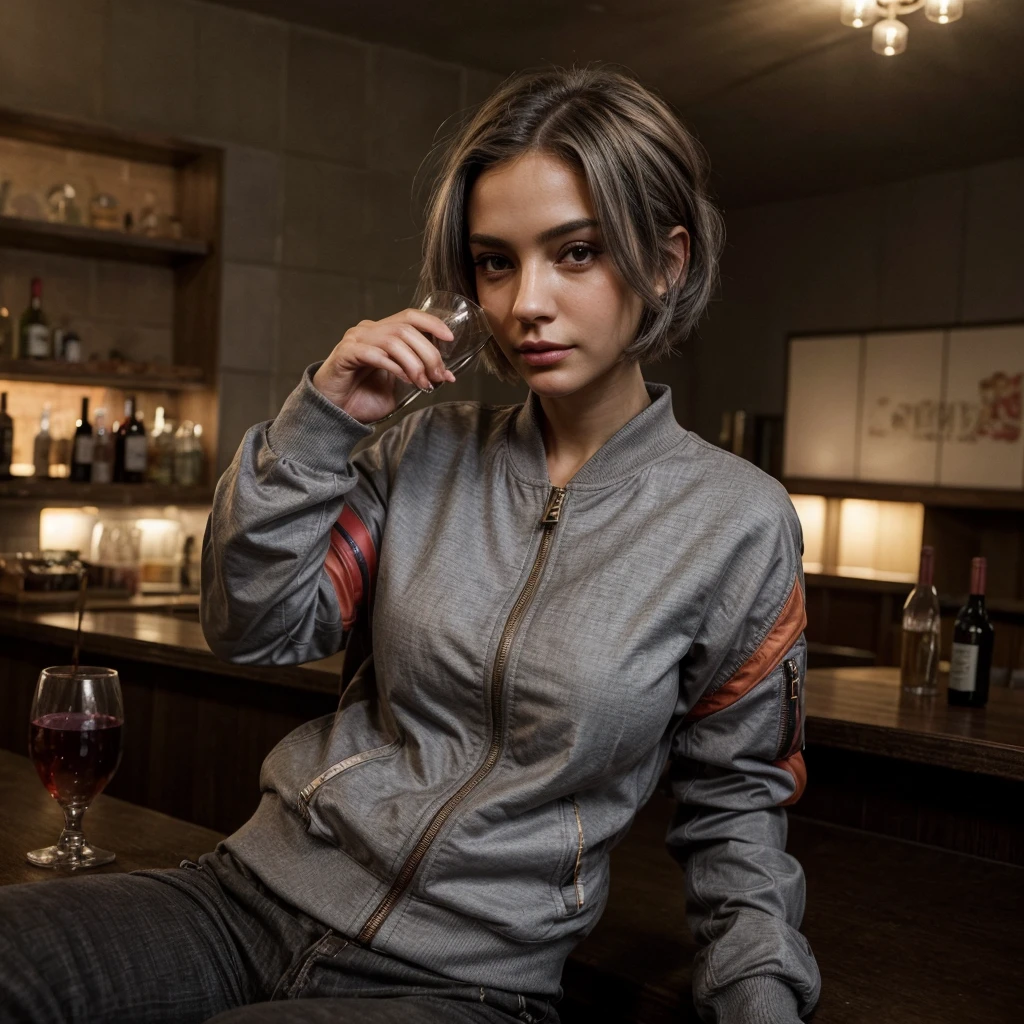Best quality, in a bar, sitting at a table, holding a glass of wine, multi-colored bomber jacket, beautiful face, gray hair, bob hairstyle, smooth, neat nose, beautiful girl, breast size 2, gray eyes, sweet lips, slender figure, perfect face.
