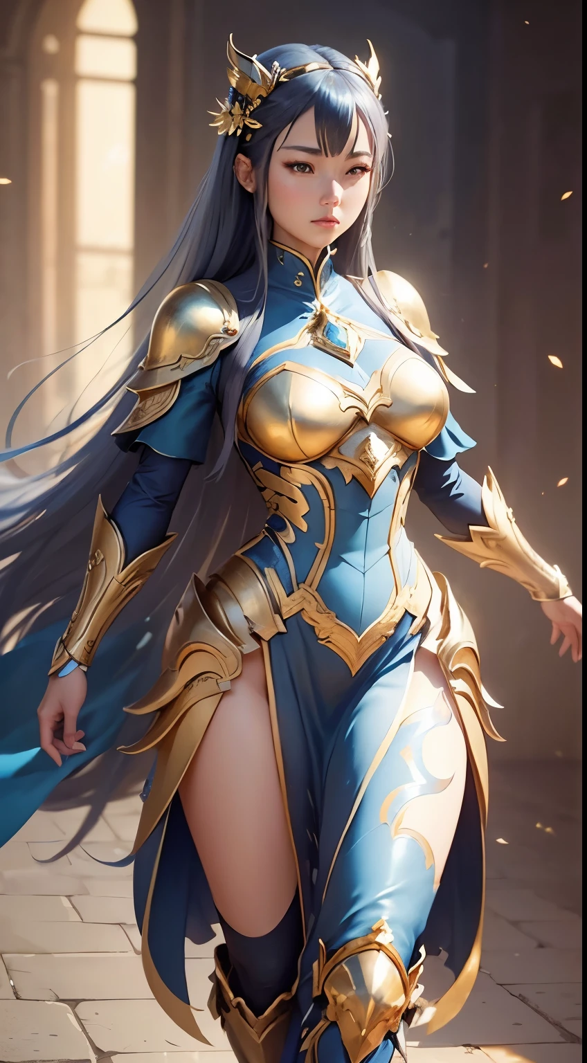 a close up of a woman in a silver and gold blue dress, flying, full body, chengwei pan on artstation, by Yang J, detailed fantasy art, stunning character art, fanart best artstation, epic exquisite character art, beautiful armor, extremely detailed artgerm, detailed digital anime art, artgerm on artstation pixiv, armor girl