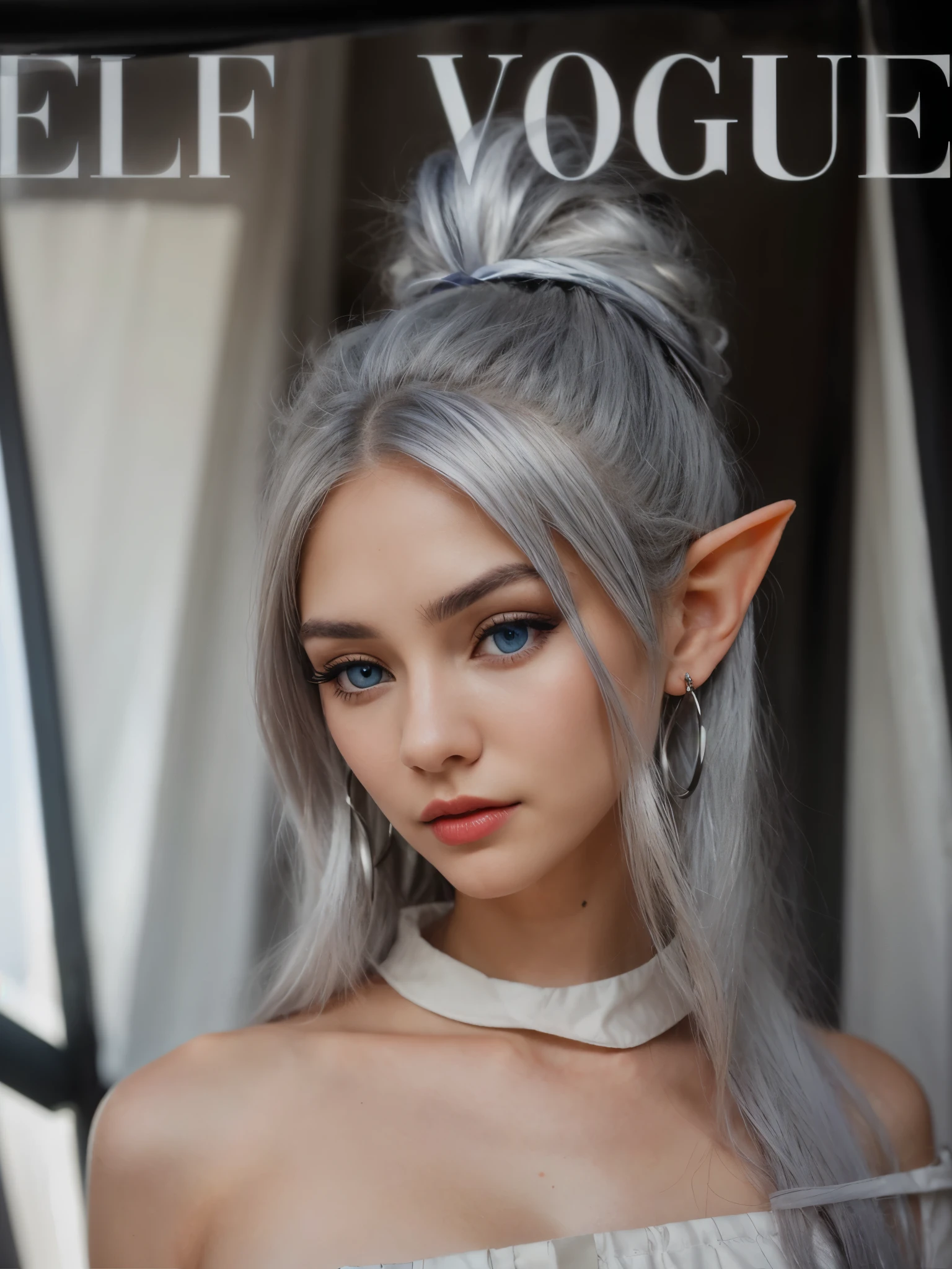 professional portrait photography, a very beautiful 18-year-old elf in modern clothes, an elf girl, looks directly at the viewer, black and white hair, tangled black hair on her head, expressive bright blue eyes, long black eyelashes, thin curved eyebrows, modern hoop earrings in one ear, clear skin texture, modern daytime makeup, full scarlet lips very beautifully shaped, chiseled oval face with slightly pointed chin, wind blowing hair, Canon EOS 6D Mark II Tamron SP 85mm f/1.8 Di VC USD, winner of the world portrait photography competition, photo published on ELF VOGUE, text "ELF VOGUE"