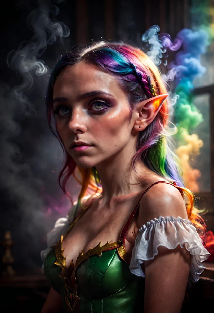 a Beautiful Elf, Elf ear, (intimate studio setting), (dramatic lighting), highlighting, (subtle textures), (soft-focused background), rainbow and smoke backdrop, (elegant pose), contemplative mood, (soft shadows across the form), Canon EOS 5D Mark IV, 1/160/2.8, ISO 320, portrait orientation, high resolution, fine art photography, light beams behind, fog, detailed eyes, RAW photo, Romance, Cinematic lighting, octane render, (best quality, masterpiece, Representative work, official art, Professional, 8k:1.3)