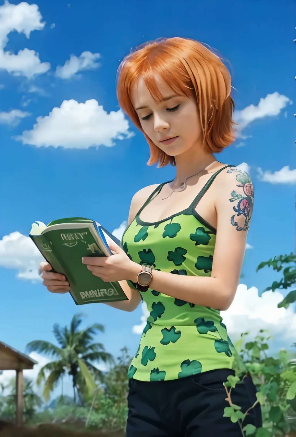 (masterpiece), (realistic), (ultra detailed), ( high reest quality), (photorealistic), (perfect face), (perfect anatomy), woman, female, solo, Swede, Swede , nami from one piece, nami, short haircut, orange hair, short haircut with side bangs, wearing a green top with a floral motif, wearing black trousers, there is a tattoo on the left hand, the character has large breasts, The character's left hand wears a compass watch, The character's left hand is holding a green book, the character is standing in the middle of the dirt road