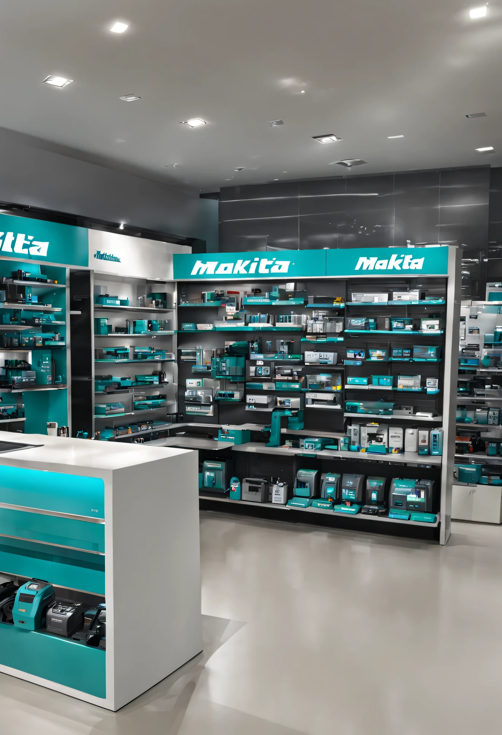 Need pictures of Makita power tools display, with product display shelves, consultation counter, and billing counter