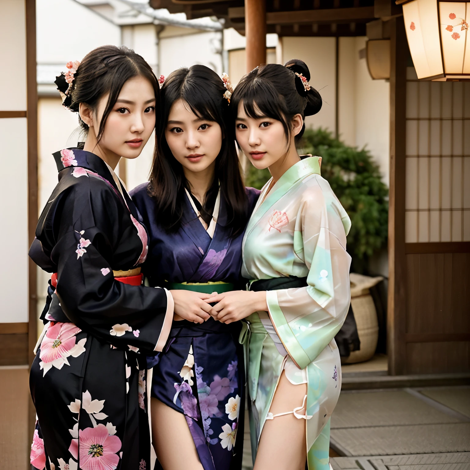NSFW、最high quality、high quality、best image quality、8K、最High resolution、High resolution、最high quality、masterpiece、Depth of object being written、RAW photo、group photo、realistic atmosphere、(detailed face)、(fine hands、thumb1reference4)、(beauty of japan )、very nice face、cute face、((beautiful japanese girl))、(日本people々woman), ((multiple girls))、((girls hugging each other2people々))、((18 year old beautiful girl))、(glossy black hair)、(straight long hair)、(ponytail)、whole body、slim style、(shiny skin)、(Fair skin, Glossy skin)、本物のpeople々the skin between、リアルなpeople々body structure、perfect body, perfect face, perfect hands, perfect fingers, perfect lips, perfect eyes,perfect teeth、perfect background, perfect atmosphere, natural soft light、photon mapping、samurai kimono、maiko kimono、servant、geisha kimono、japanese kimono、Kimono up to the waist、short kimono、japanese traditional、((floral kimono(Sheer、sexy、transparent、erotic))、In front of a samurai residence in Japan、((random color floral pattern(samurai kimono、Hakama with slit))