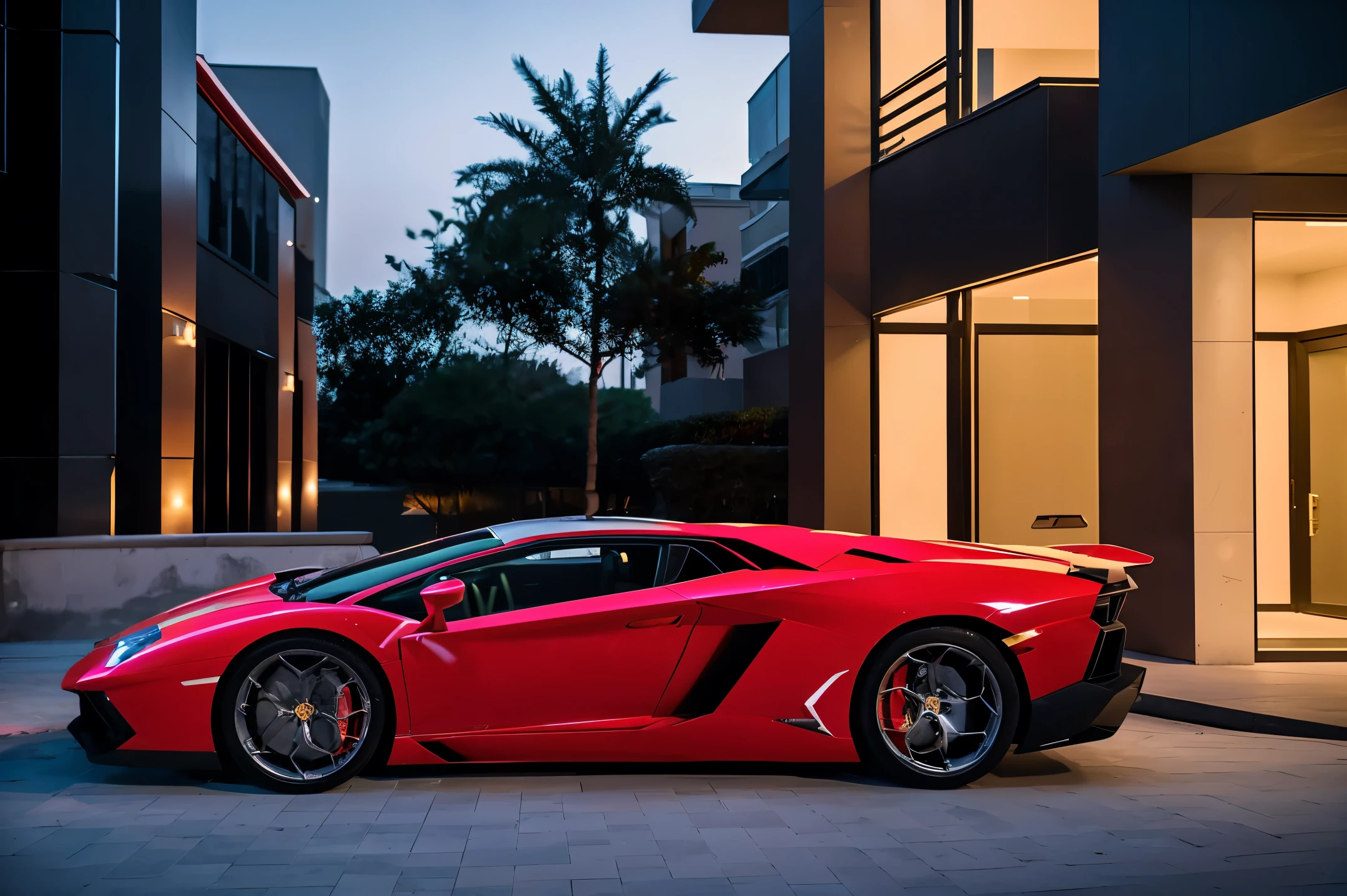 red lamborghini aventador　　Precise and high quality　Realistic three-dimensional feel　beautiful background　Parked on the road in front of the marble entrance of a luxury condominium.　beautiful lighting　beautiful street　stylish apartment　(shot from the side:1.3) beautiful night lights　city of temptation