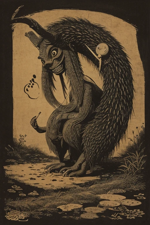 ((Chojugiga)), ((Shihon Bokuga)), antique, (anthropomorphism), (Sumi-e), Monochrome art, (Old paper style illustration), (hunting paintingural style, Little monster, old performance, variational pointillism, flat illustration, eerie, horror elements, eerie worldview, (primitive art), Outline warm color, old picture scroll style, old staging, Ancient mural style