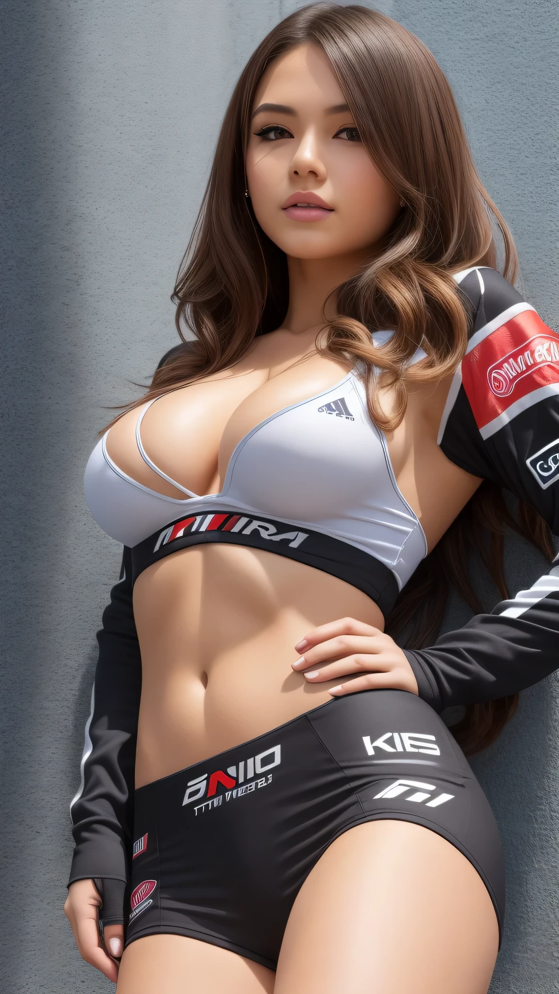 blonde beauty、18 year old Belarusian sexy model、best quality, 1 female, very tortuous, (big breasts, cleavage)、stoic, dark brown hair, bob hair、racing suit, full lips, seductive tits, 18 year old sexy woman、skirt、Race queen appearance、A slender、 master painting, best quality, photorealistic, Super detailed, (shiny skin:1.4), slender,dynamic light and shadow,High resolution,Tits sharp focus、A slender、(thick thighs),sky sky、grid girl, underboob, wear a grid_Girl's costume with sponsor's logo printed on it, (stand in a motorsport race)+ left hand on waist、((Angle from below))、blur the background