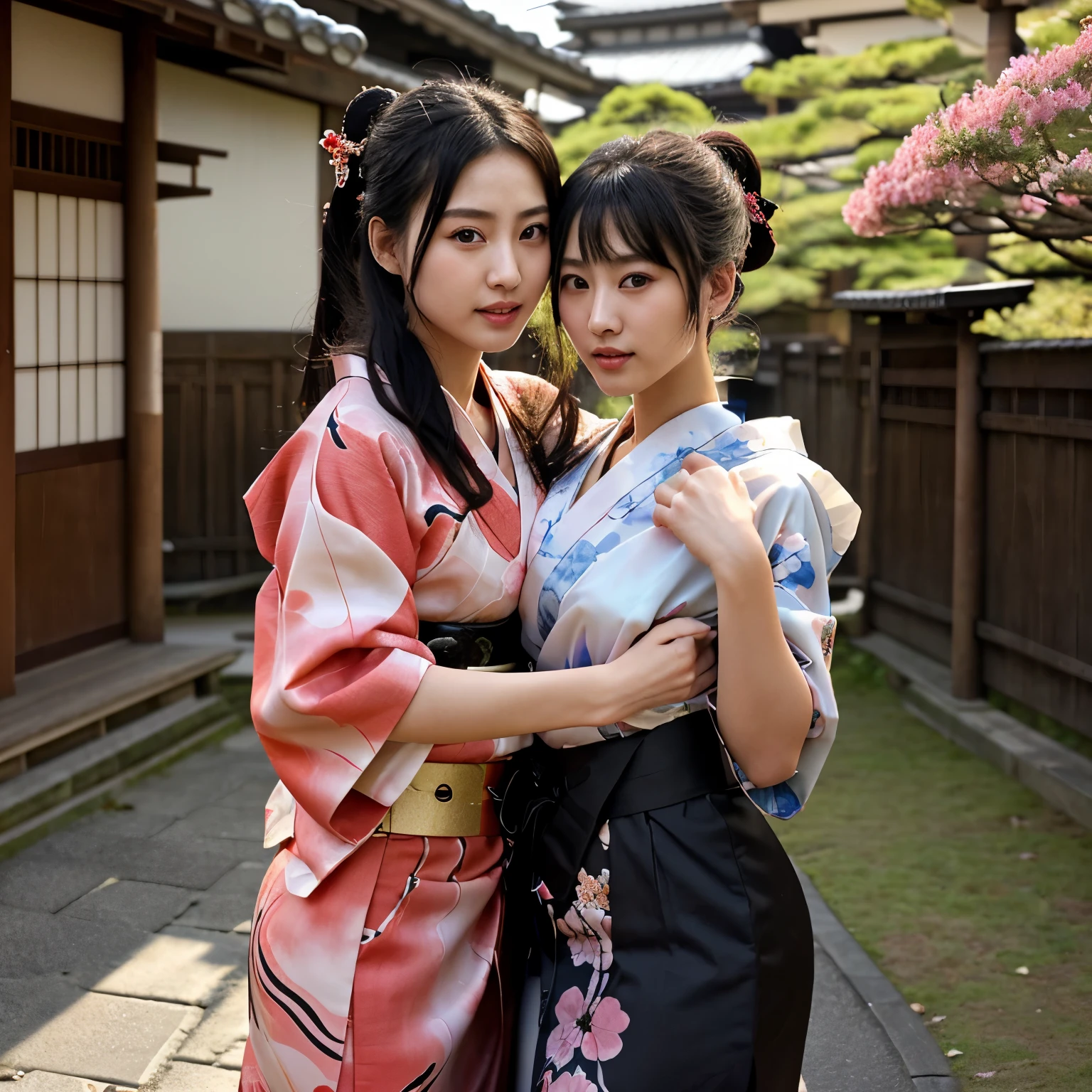 Gueixa japonesa, usando kimono, seios aparentes, close nos seios, mamilos lindos, tatuagens Yakuza, pelos pubianos, virilha aparente