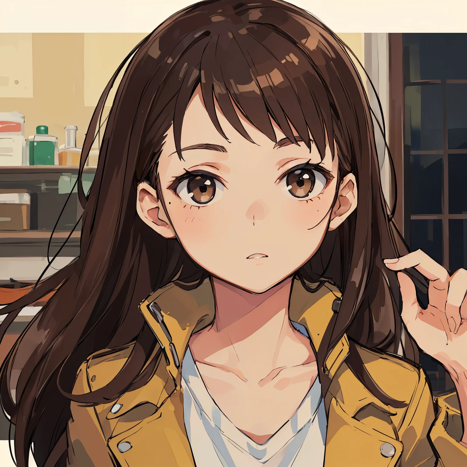 ((highest quality)), ((masterpiece)), (be familiar with), perfect face,girl,Jacket,whole body,brown hair,cute
