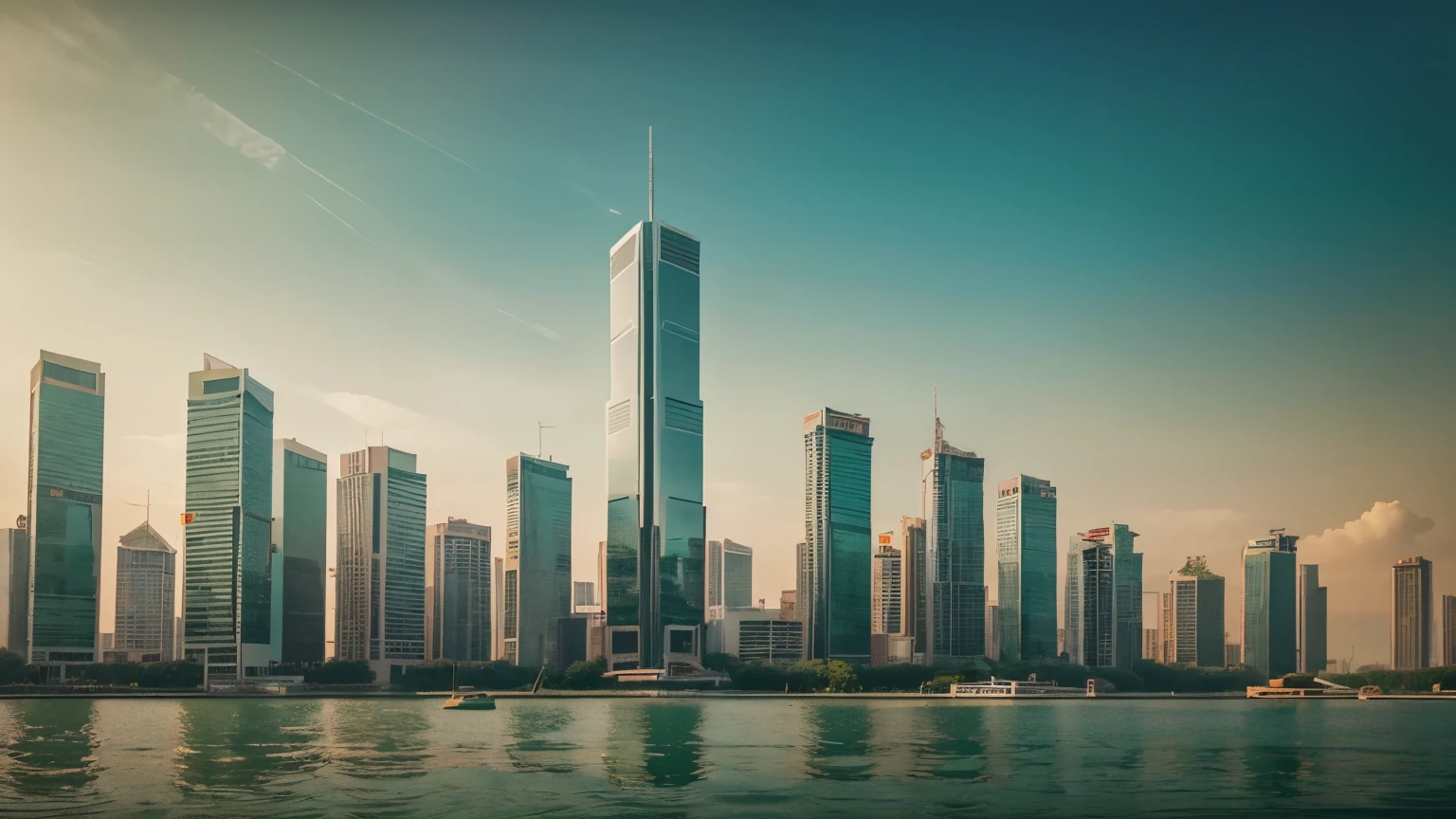 lake, green color of lake, fogus on city, city far away, cyberpunk, orange sky, no one, orange fog, tall building, Bangkok city, futuristic building, ground view, high details, 8k quality, masterpiece
