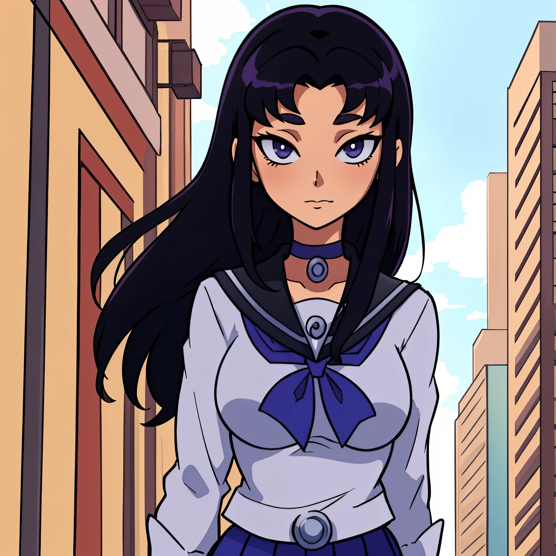 Blackfire,1 girl,solo,black hair,school uniform,upper body,city,building,choker,masterpiece, best quality,lookind at viewer,anime coloring,cell shading,cartoon style