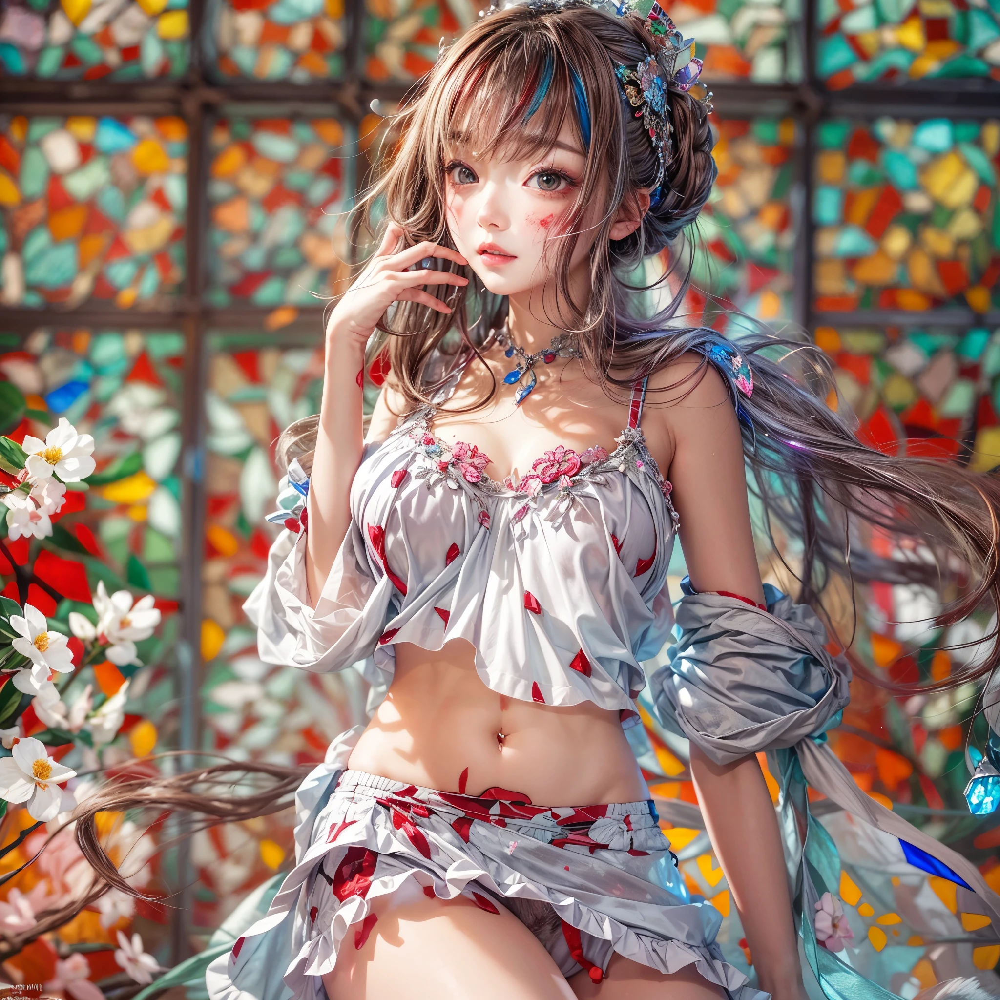 NSFW:-0.8. White and Red, (A Dazzling multi-colored light pours down:1.2), (physically-based rendering with ultra-detailed, (masutepiece:1.2) of professional photograpy, (highly realistic and (photorealistic:1.37) with touch of rawness), Acutance:0.8) . A group of KAWAII girls in (school uniform) with opened Overflowing Gigantic Cleavage without bra . (((extremely detailed KAWAII face variations)) with joyful expressions), { Navel | pretty Ass | (Overflowing underboob) | White panties with (blood seeping only in crotch area) | (full of Flowers covering girl's body) | ((Dazzling colorful stained glass with stunning elaborate details:1.2)) | A Dazzling Halo (Floating) } . (Exposed:0.95), (((nipple:-0.9))), (not Detailed fingers:-0.9) .