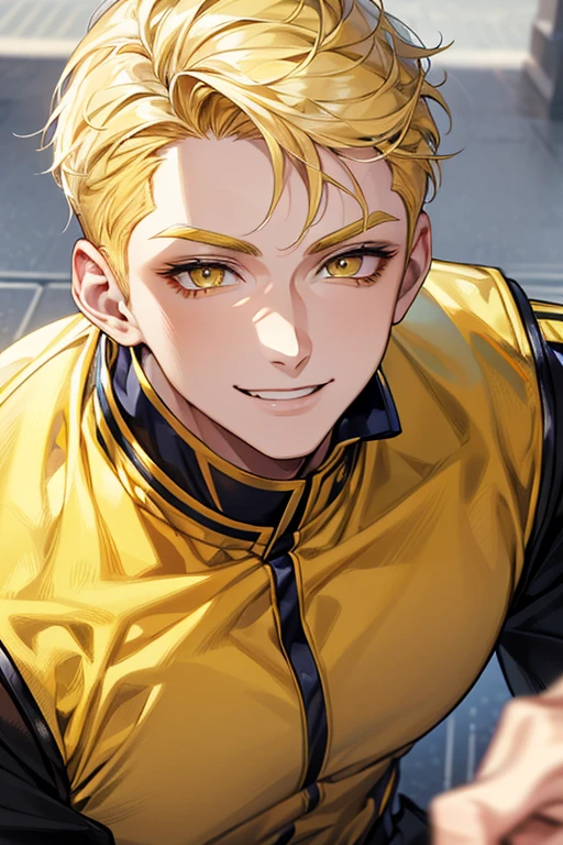 (muste piece), (best quality), extremely detailed, 1 man, solo, perfect face, pretty face, highly detailed face，yellow short hair, yellow eyebrows、Handsome man with expressive eyes, smiling, yellow eyes、(((Security uniforms)))