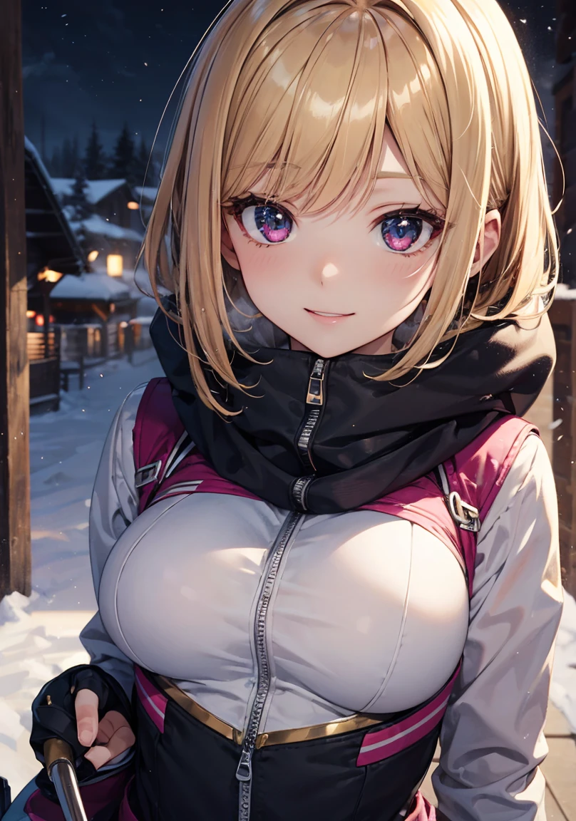 masterpiece, absurdres, best quality, ultra detailed, high Resolution, detailed illustration, extremely beautiful detailed face and eyes, bright colour, 1girl, (), cute face, Delicate beautiful face, magenta eyes, cute eyes, sparkling eyes, big eyes, medium breasts, (perky breasts:1.1), (pointy breasts:1.1), medium hips, glamorous body, white skin, Smile, BREAK, long bob cut, (blonde hair:0.8), messy hair, detailed hair, shiny hair, BREAK skiing wear, tiny ribbon, Ski resort, ski slope, winter, playing with skis, real world, natural lights, perfect lighting,