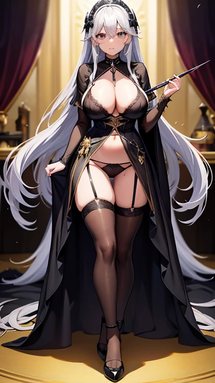 （（（Married woman、big breasts、black long hair、black eye、big breasts、nipple、Sorcerer's Wand、Sorcerer's robe、jet black bridal dress、jet black veil、spell book、black thin inner、black panties、garter belt、Black cloak、Foot stumbling、apron、black collar and chain、black stockings、high heels）））Basic black costume、Gold and silver colors are included in the decoration　stand up、stand、Full body attire